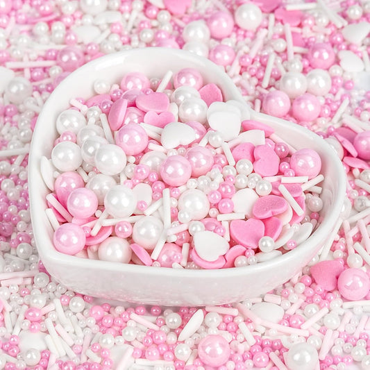 Edible Heart Sprinkles for Cake Decorating,White Pink Pearl Sugar Jimmies Mix Size 130g/4.58oz,Baking Candy Decorations,Cupcake Toppers,Cookie Donuts Ice Cream Dessert Decorating,Wedding Birthday Party Valentines Christmas Supplies