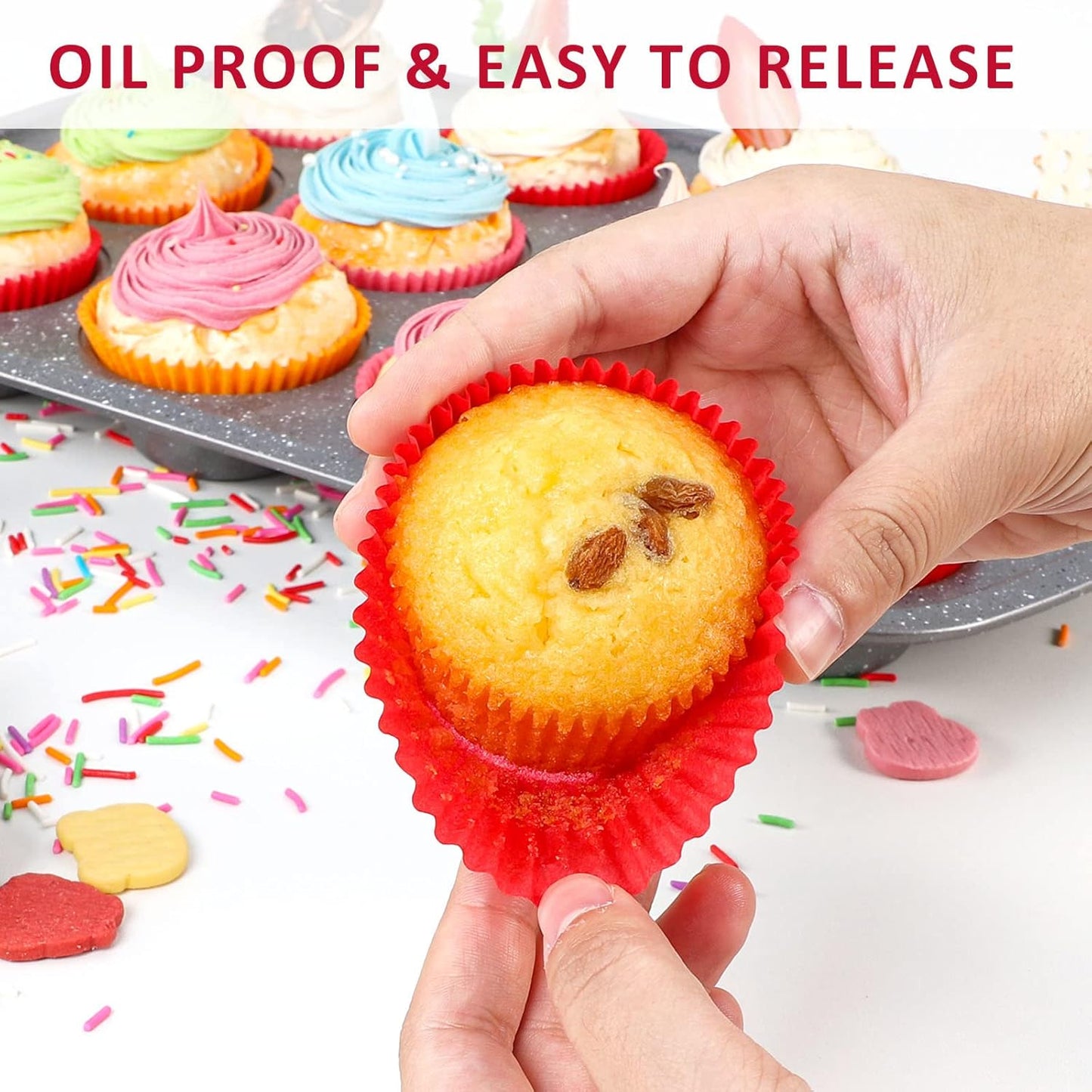 Caperci Standard Red Cupcake Muffin Liners 500-Count, No Smell, Food Grade & Grease-Proof Paper Baking Cups (Red)