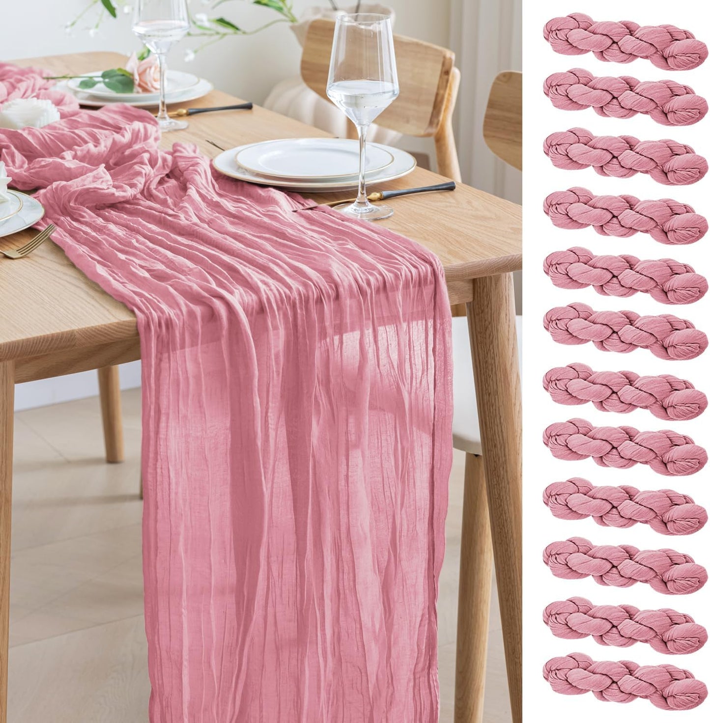 Asee'm 12pcs Cheesecloth Table Runner 120 Inches Long Pink Boho Gauze Cheese Cloth Runner 10FT Rustic Sheer Table Runners for Christmas Wedding Party Baby Shower Spring Easter Decoration