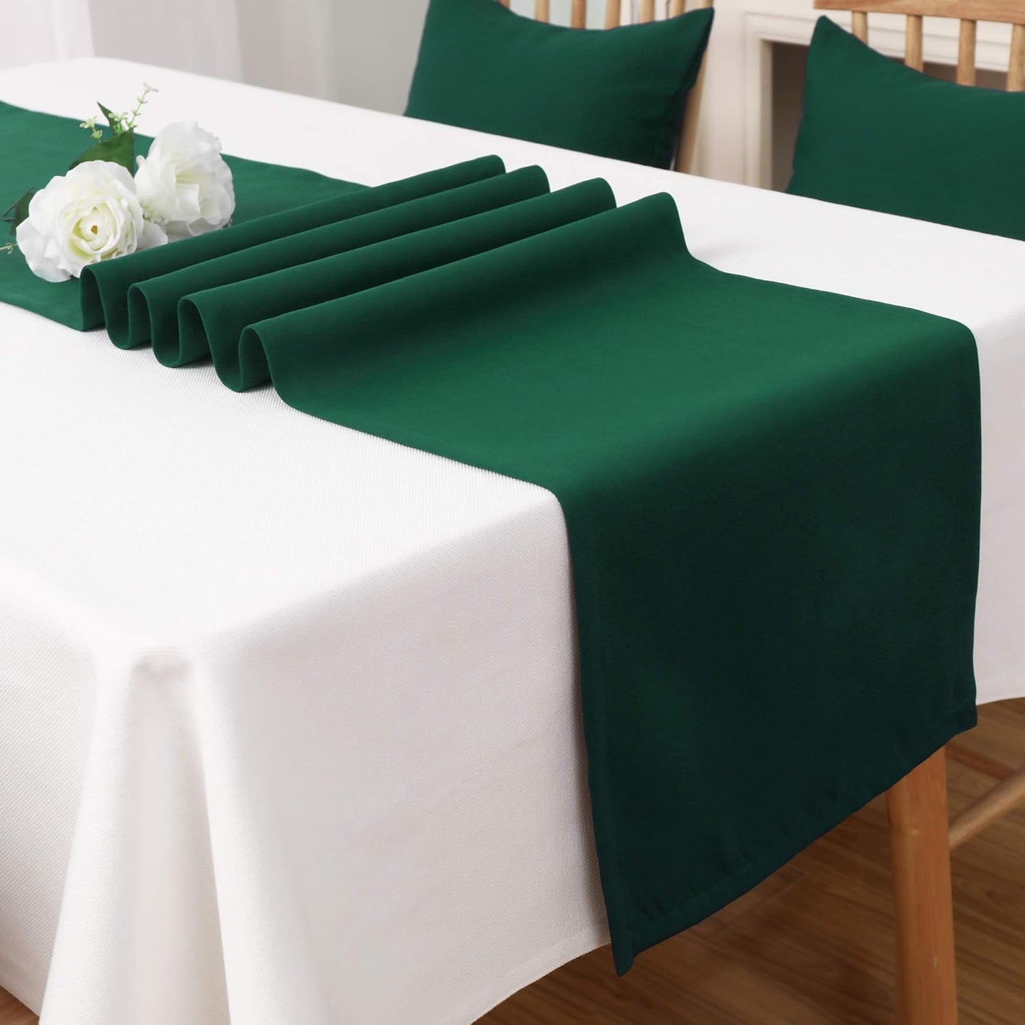 DUALIFE Dark Green Table Runner 14x72 Inch Thick Polyester Decorative Cloth Handcrafted for Wedding Party Birthday Graduations Hotel Restaurant Banquet Catering Services Event Forest Green 2 PCS