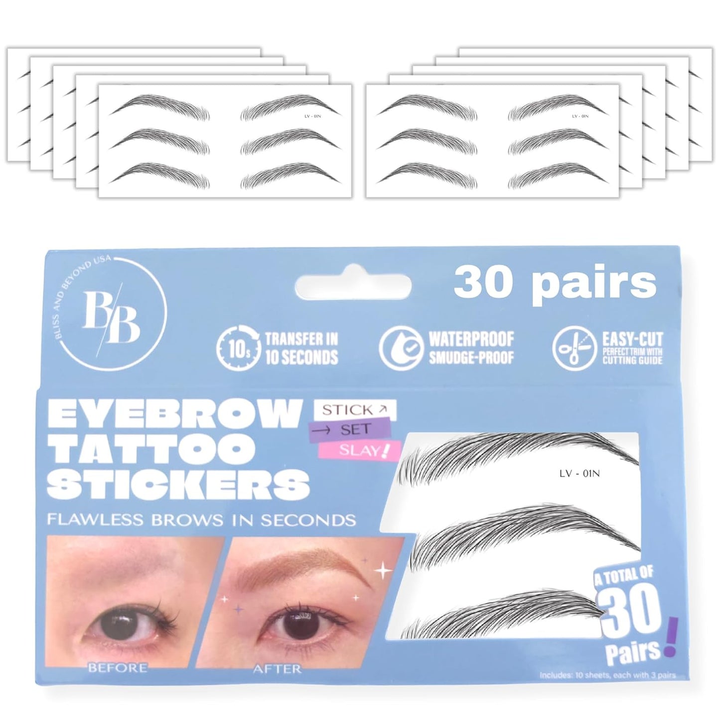 Bliss and Beyond USA Eyebrow Tattoo Stickers Waterproof – 30-Pair Deluxe Box | Realistic Hair-Like Temporary Brows for Alopecia, Cancer, and Hair Loss (Black, Natural Las Vegas)