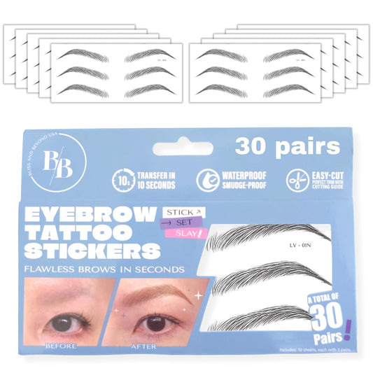 Bliss and Beyond USA Eyebrow Tattoo Stickers Waterproof – 30-Pair Deluxe Box | Realistic Hair-Like Temporary Brows for Alopecia, Cancer, and Hair Loss (Black, Natural Las Vegas)