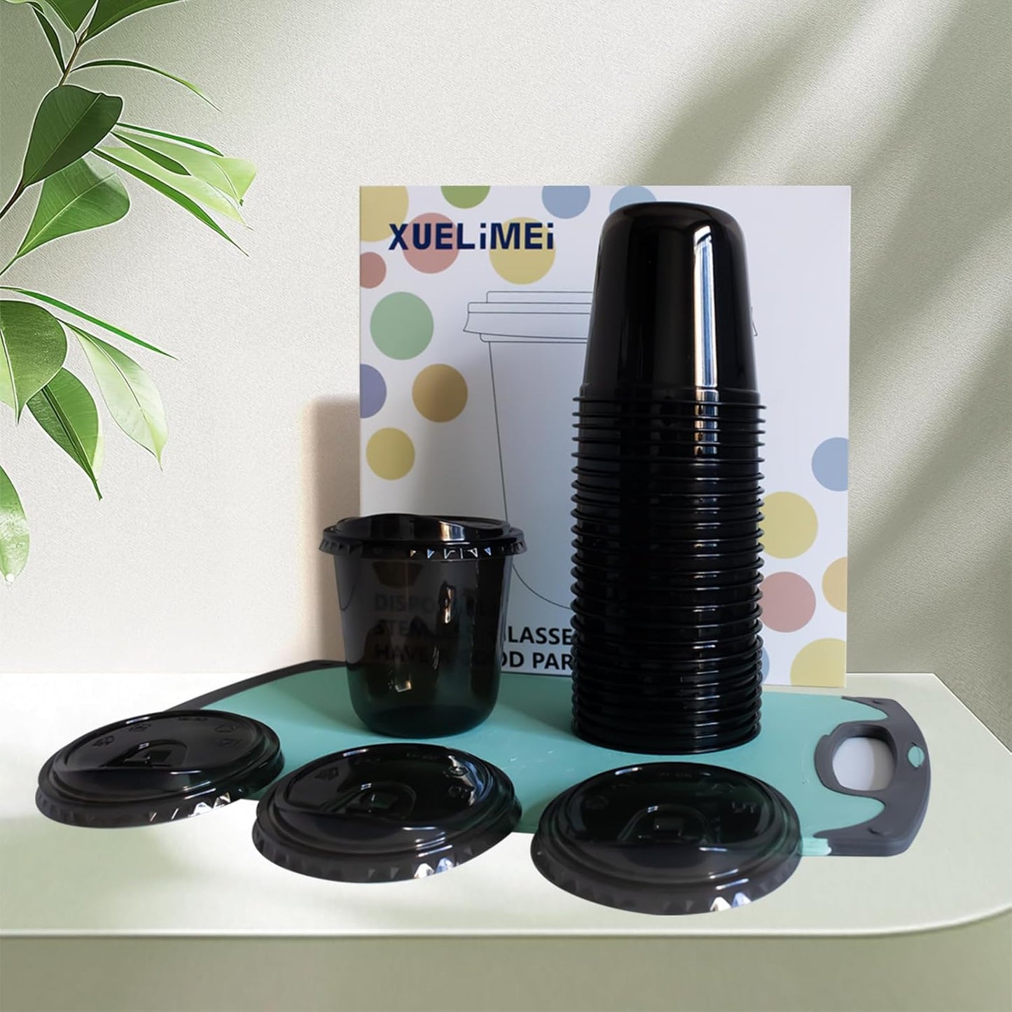 16oz Disposable Stemless Glasses With Strawless Sip Lids,PET Disposable Drinking Cups,Clear Plastic Wine Glasses for Parties Birthday,Wedding,Meeting,Christmas Party Supplies (100, Black)