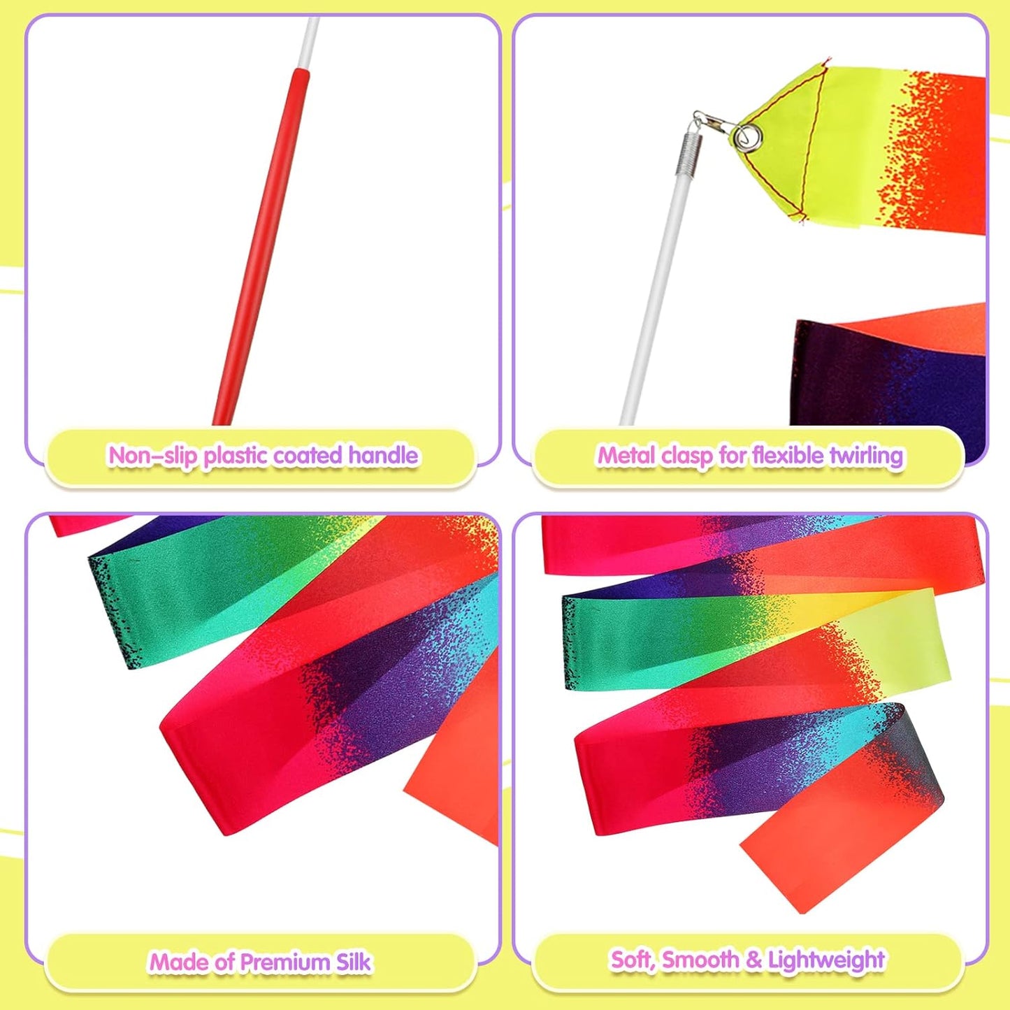 Yilloog 50 Pcs Ribbon Dancing Wands Party Favors, 78.7 Inch Artistic Gymnastics Ribbon Streamers Twirling Wands, Rainbow Birthday Decorations