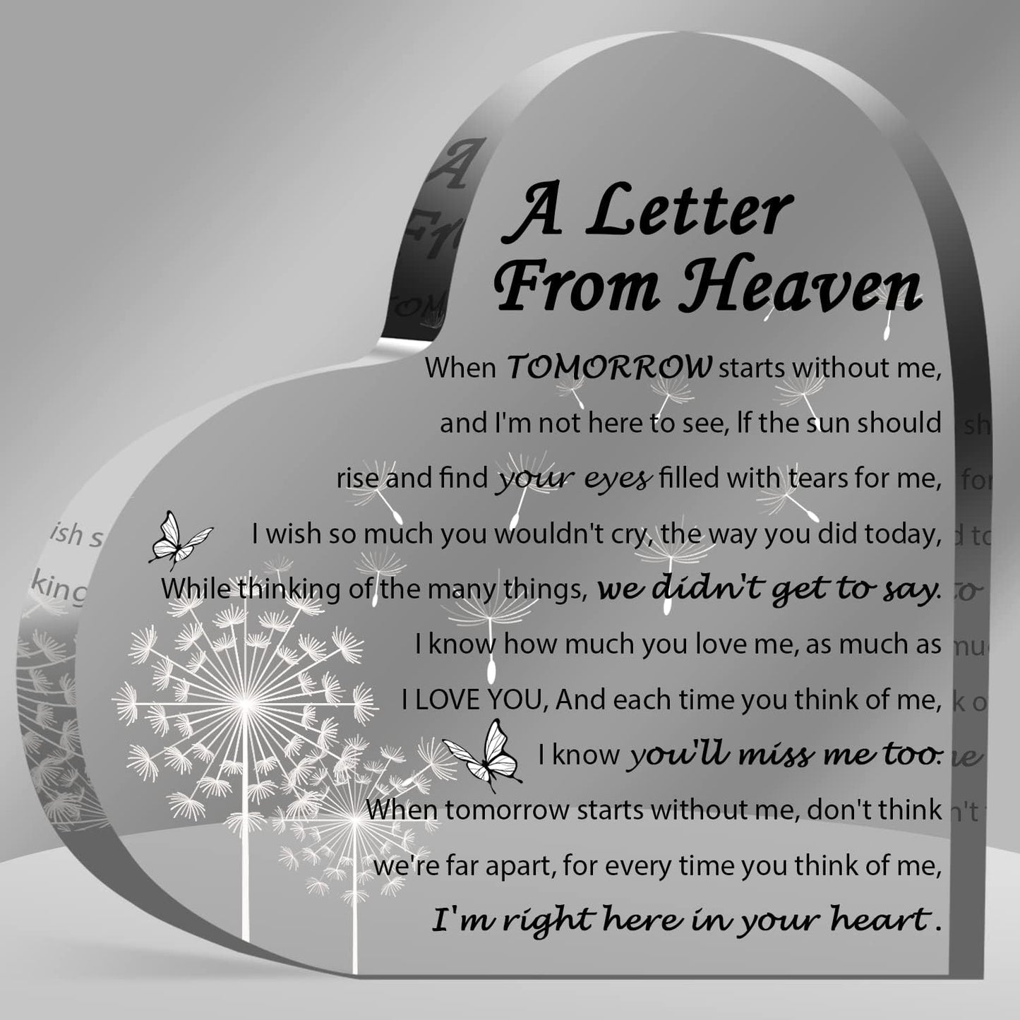 Sympathy Gifts - A Letter from Heaven- Memorial Gift for Loss of Mother Father Husband Son, Acrylic Heart Keepsake,Remembrance Sympathy Gifts, grief gifts