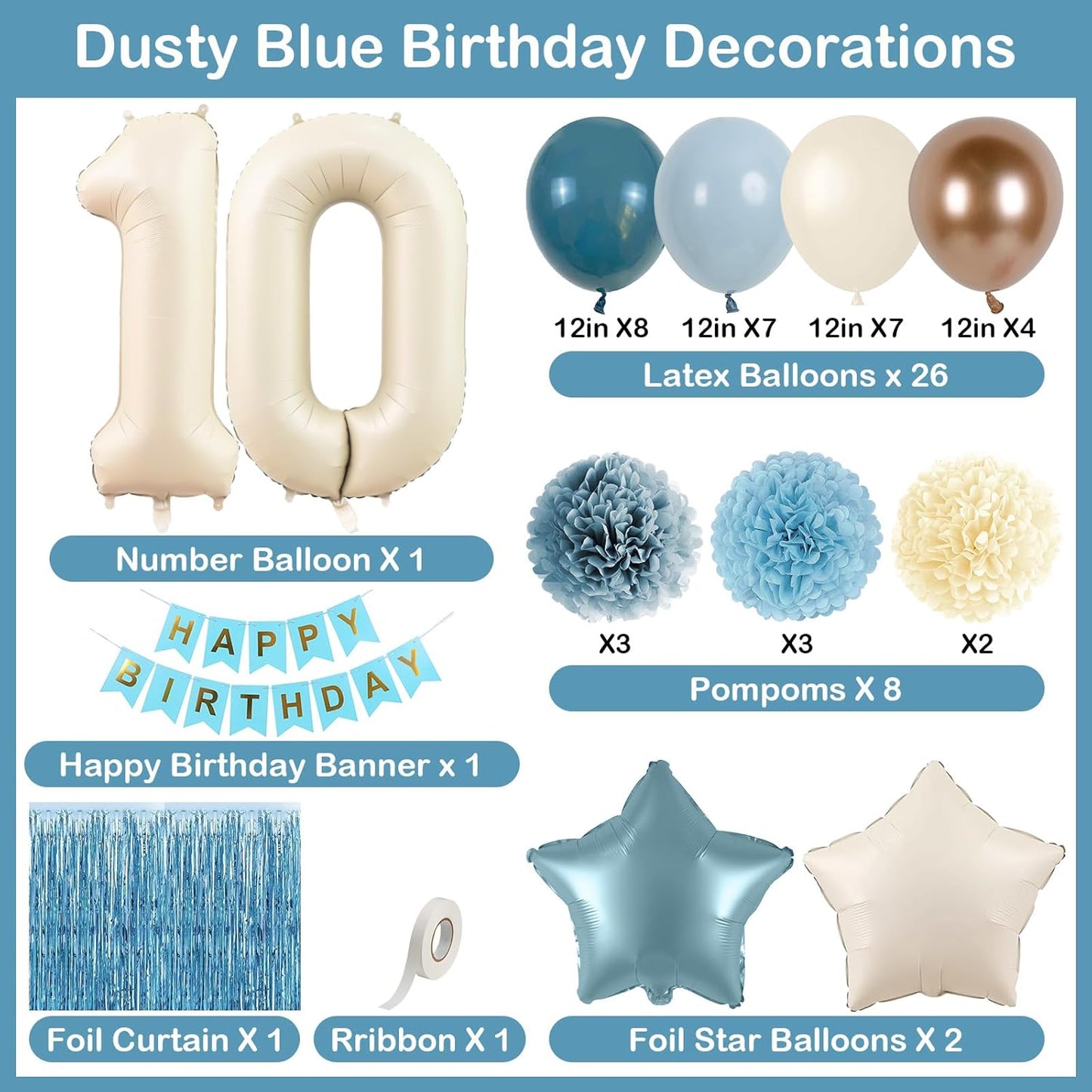 Dusty Blue 10th Birthday Party Decorations Boys Girls Beige Cream Number 10 Balloon with Blue Gold Happy Birthday Banner Fringe Curtain Paper Pom Poms Nude White Sand Champagne Star Foil Balloons