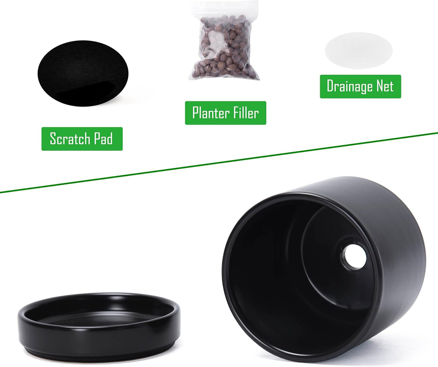 D'vine Dev Set of 4 Small Ceramic Plant Pots, 4.7 Inch Succulent Planter Pot for Plants with Drainage Hole and Saucer, Black, 94-X-B-2