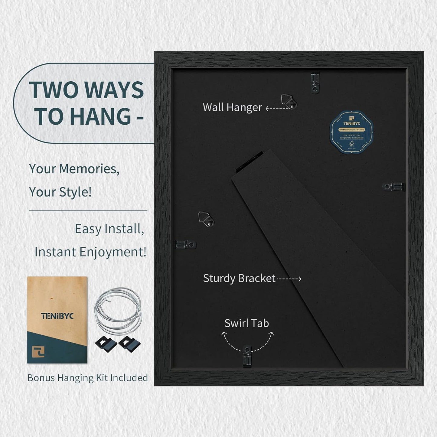 8.5x11 Picture Frame Set of 3 - Black Woodgrain, Solid Wood & HD Tempered Glass, Table Display or Wall Hanging