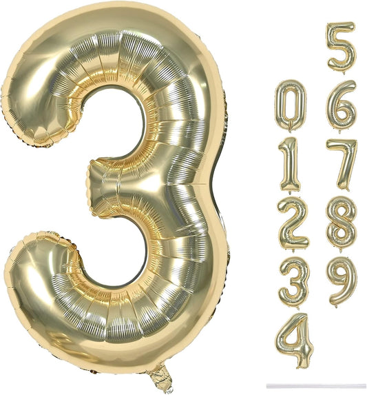 Champagne Gold Number 3 Balloons, 40 Inch Giant Light Gold Helium Foil Number 0-9 for Girls, Self Inflating 3rd Birthday Balloon for Boys Women Men Anniversary Baby Shower Party Decorations Supplies