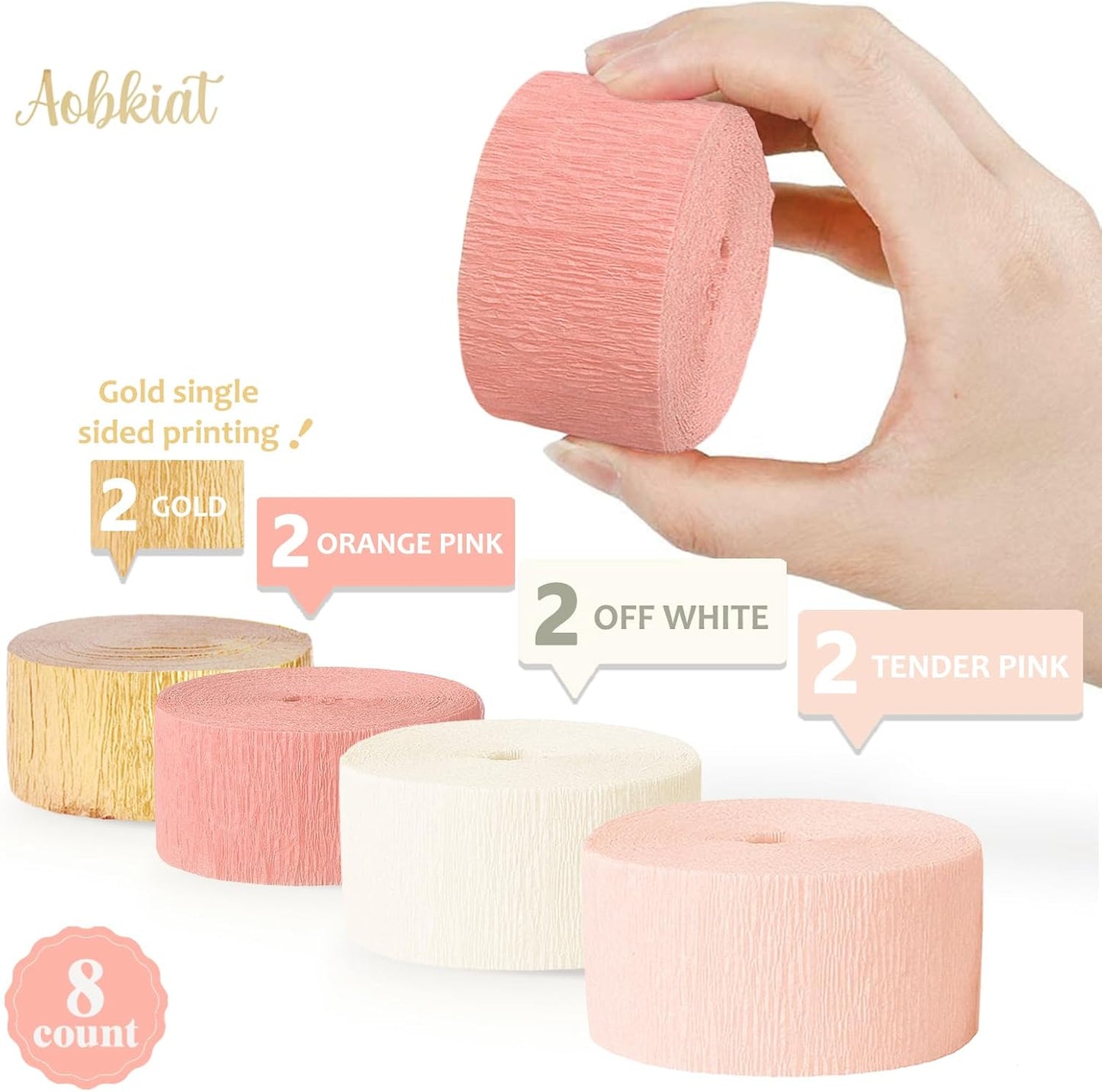 AOBKIAT Wedding Party Decorations, 8 Rolls Pink Gold Crepe Paper Streamers for Wedding, Bachelorette, Birthday, Baby Bridal Shower, Valentines Day Party Backdrop Decorations, 82ft Long