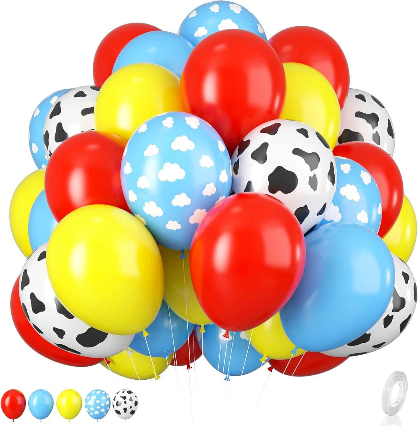 Color Balloons - 12 Inch Red, Blue, Yellow Cow Print Sky Blue Cloud Story Balloons for Party Themed Decor