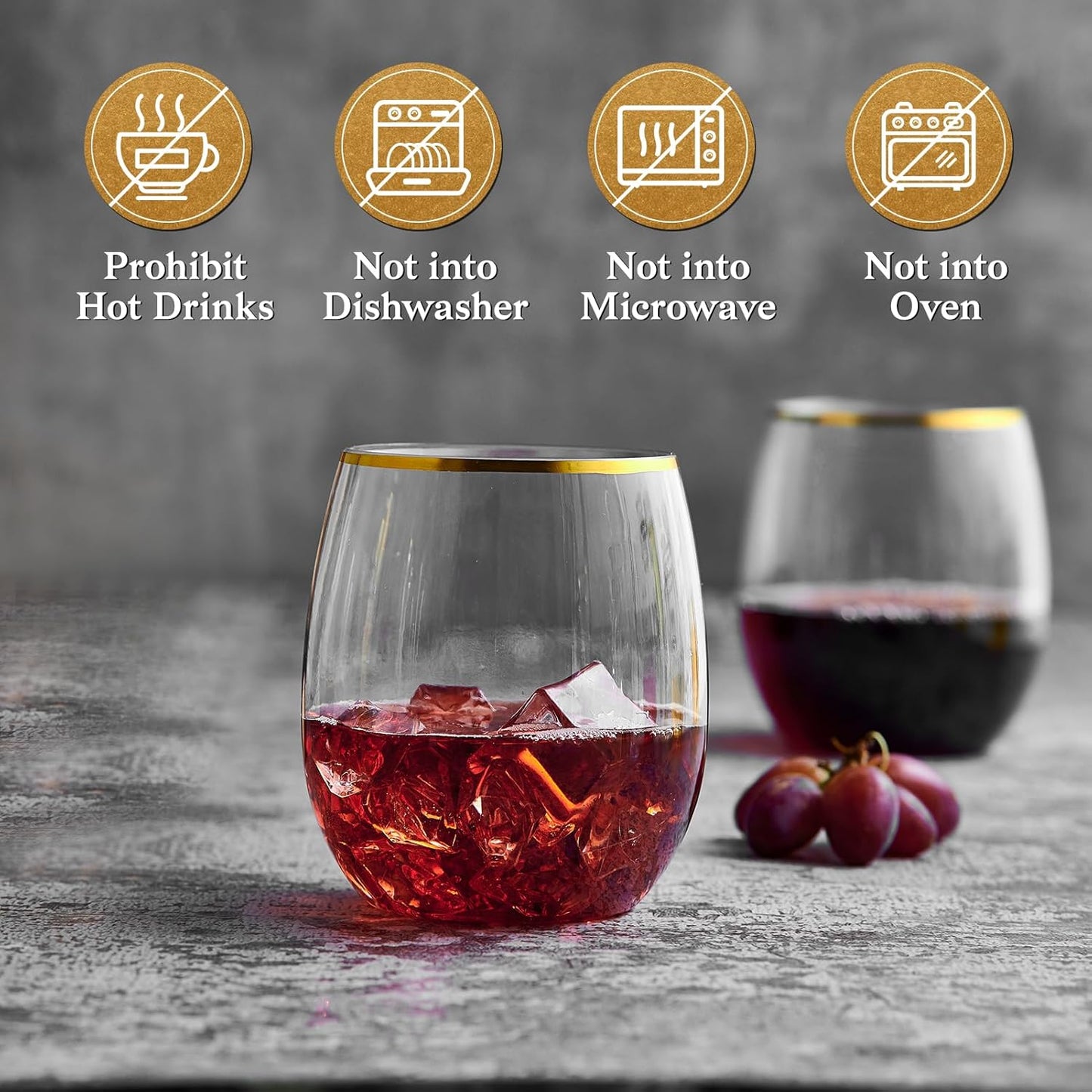 FOCUSLINE 32 Pack 12 OZ Plastic Wine Glasses, Stemless Disposable Wine Cups, Gold Rim Unbreakable Wine Glasses, Reusable Shatterproof Recyclable and BPA-Free Plastic Wine Cups