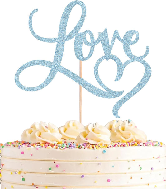 Love Cake Topper - Light Blue Glitter Paper Wedding Cake Decoration Supplies, Perfect for Bridal Shower/Engagement/Anniversary/Birthday Party