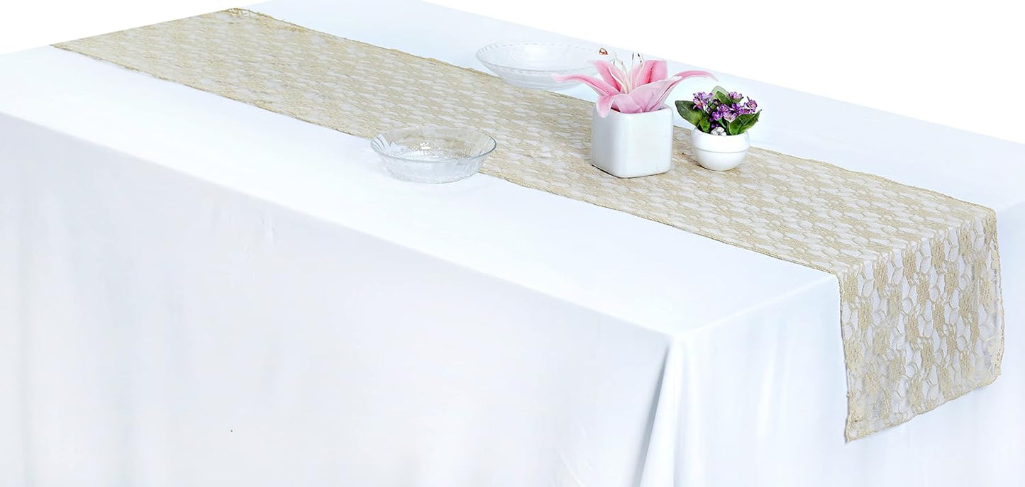 MDS Pack of 20 Wedding 12 x 108 inches Lace Table Runner for Wedding, Decorations for Birthday Parties, Banquets, Graduations, Engagements, and Runners fit Rectangle, Round Table- Champagne Gold