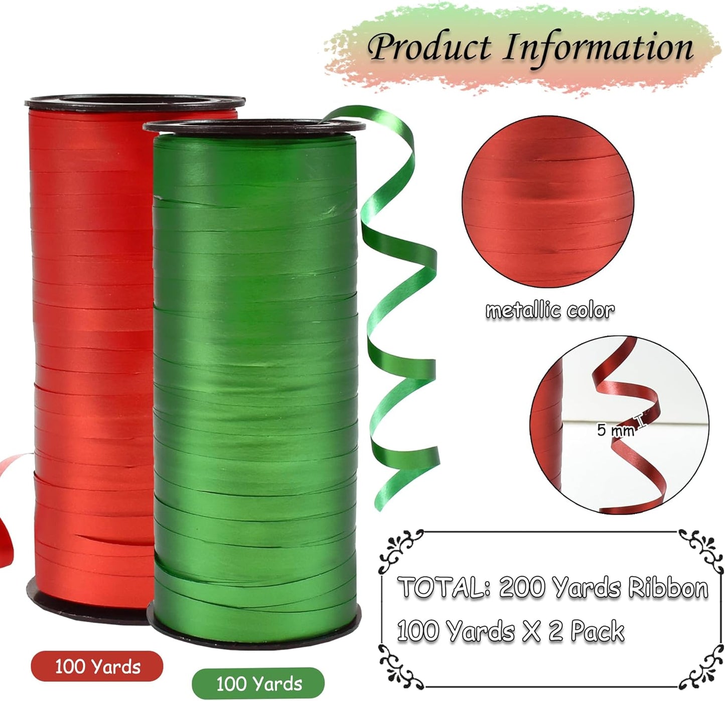 BEISHIDA Red and Green Christams Curling Ribbons Balloon String Ribbons - 2 Pack 100 Yards for Gift Warppping Birthday Christmas Wedding Party Decorations