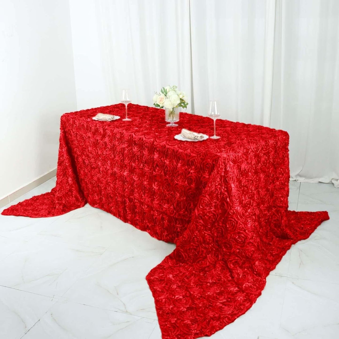 Efavormart 90"x156" Wholesale Rectangle Table Cover RED Grandiose Rosette 3D Satin Tablecloth for Wedding Party Event Decoration