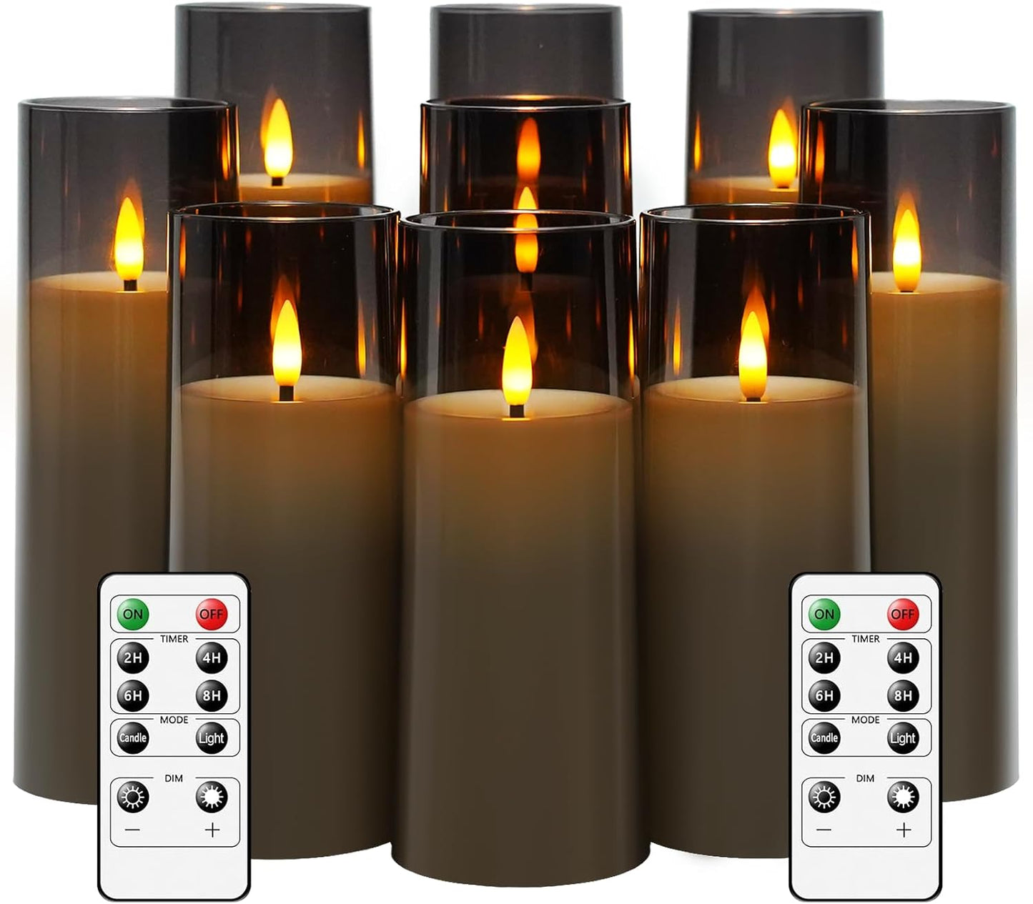 Flickering Flameless Candles Battery Operated with Remote and 2/4/6/8 H Timer Plexiglass Led Pillar Candles Pack of 9 (D2.3 xH 6" 7" 8") with Realistic Moving Wick Candles for Home Decor(Grey)