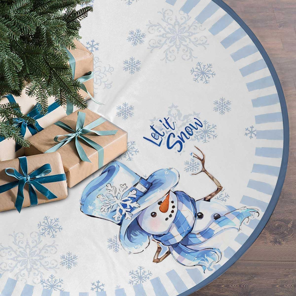 Let It Snow Snowman Christmas Tree Skirt 48 Inches, Blue Snowflake Tree Skirt, Winter Xmas Tree Mat for Home Party Holiday Indoor Outdoor Decorations (Blue, 48in)
