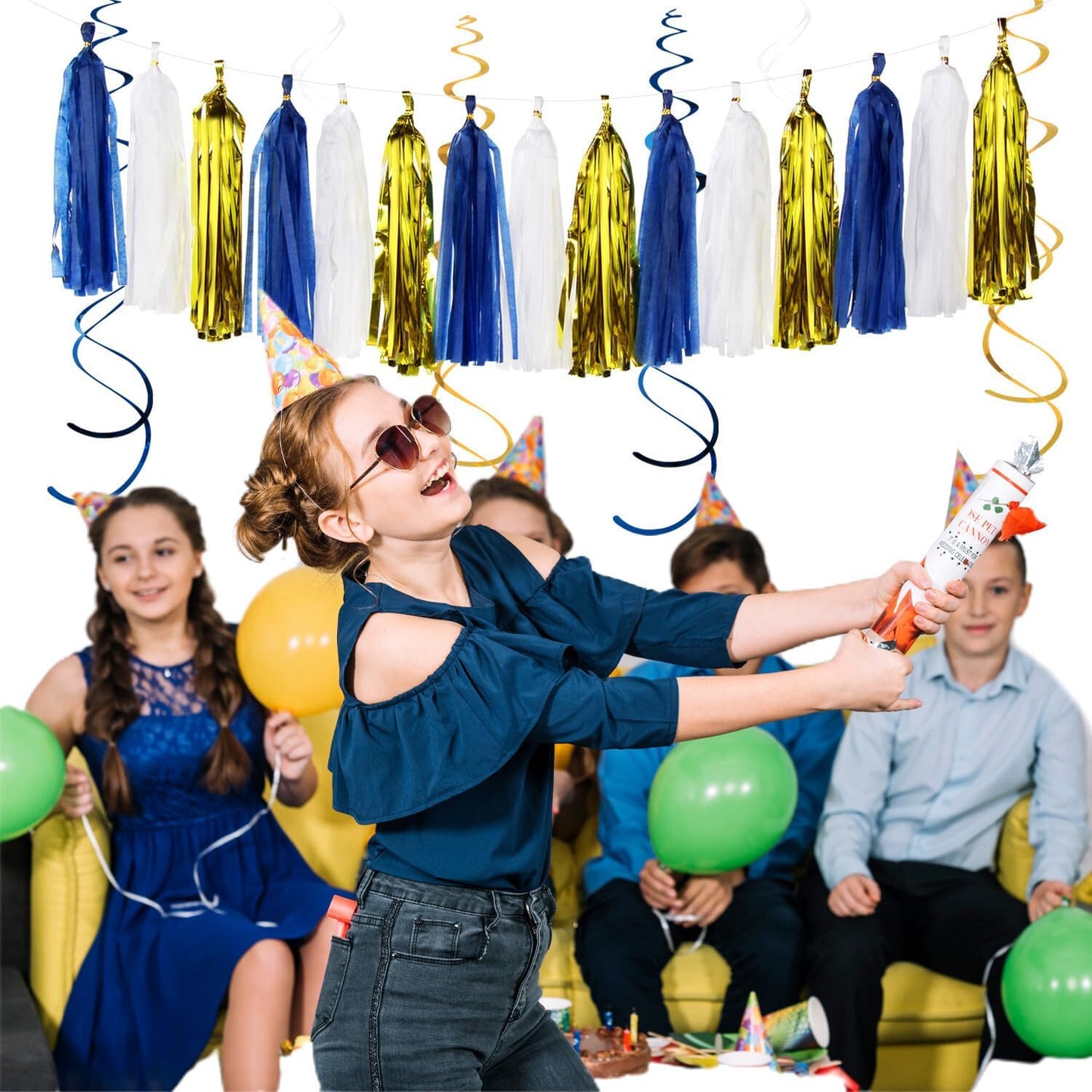 Royal-Navy Blue White Happy-Birthday Party-Decorations - 31pcs Men Women Boys Girl Paper Lanterns Streamers Banner,Gold Tissue Flowers Pom Poms Fans Tassels Graland Decor Supplies Hugmoon