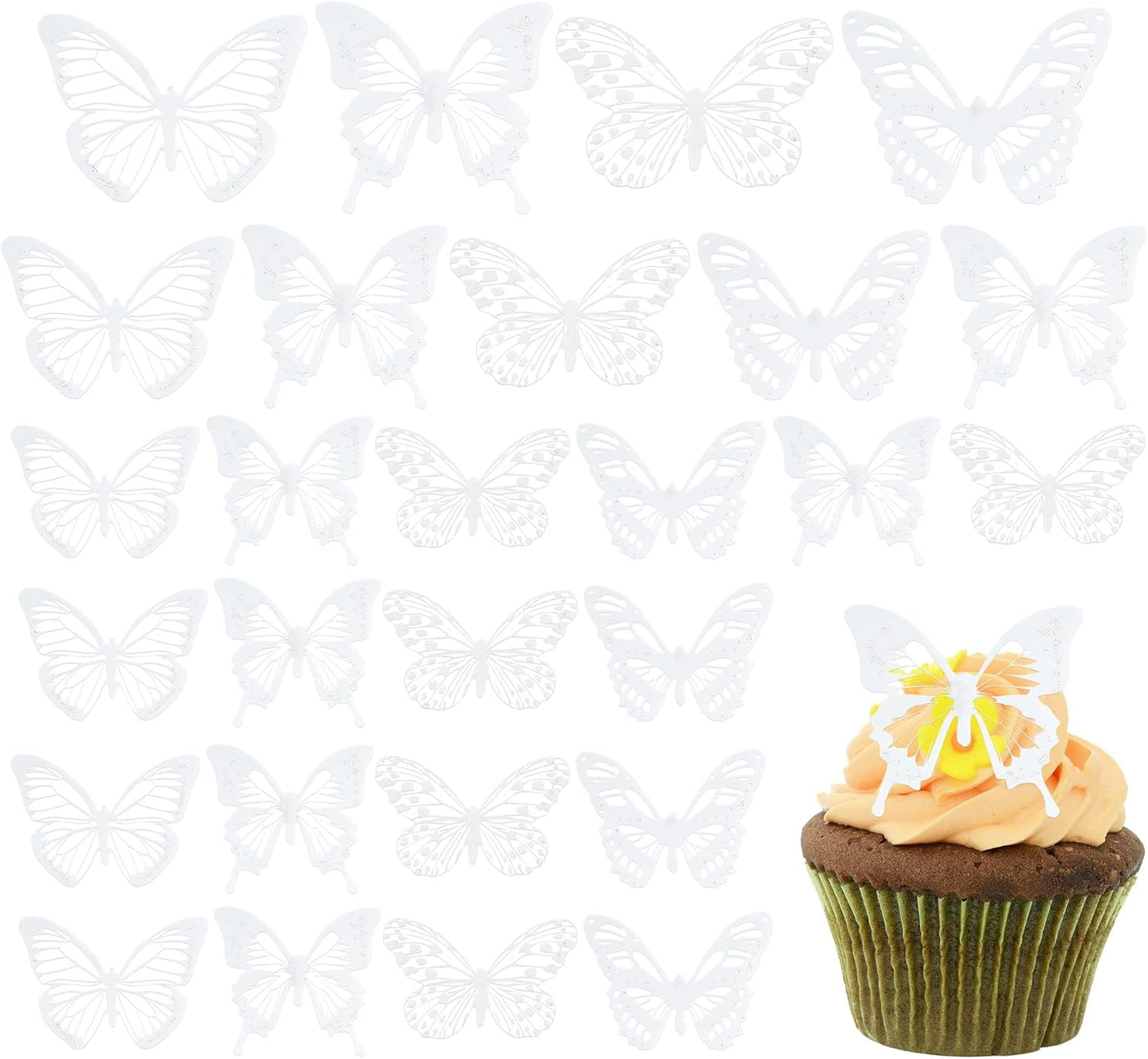 Gyufise 36Pcs Butterfly Cupcake Toppers - Lively PVC Art 3D Cake Decorations for Baby Shower, Wedding Anniversary, Kids Birthday Party Supplies - White Transparent Color