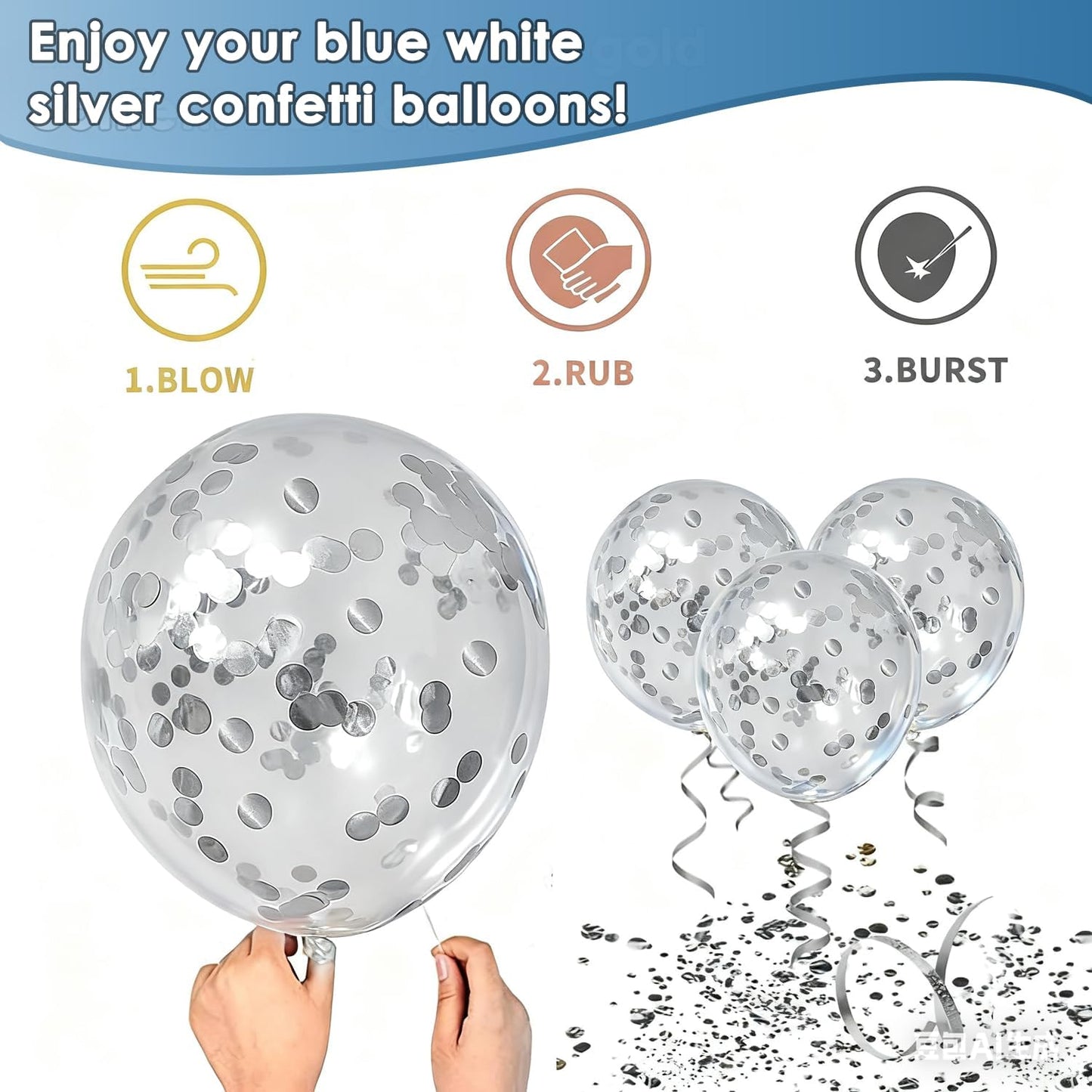 Blue White Silver Confetti Balloons, 50pcs 12 Inch Metallic Blue and Silver Balloons Clear White Confetti Latex Balloons for Birthday Wedding Anniversary Gender Revea Baby Shower Party Decorations