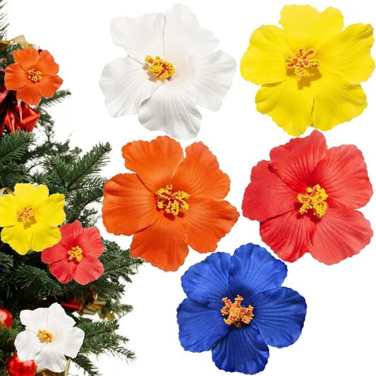 5 PCS Hawaiian Hibiscus Artificial Flowers for Christmas Tree Wreath DIY Ornaments 3.74 Inch Faux Flower for Wreath Garland New Year Party Wedding Home Party (5, Red Orange White Blue Green)