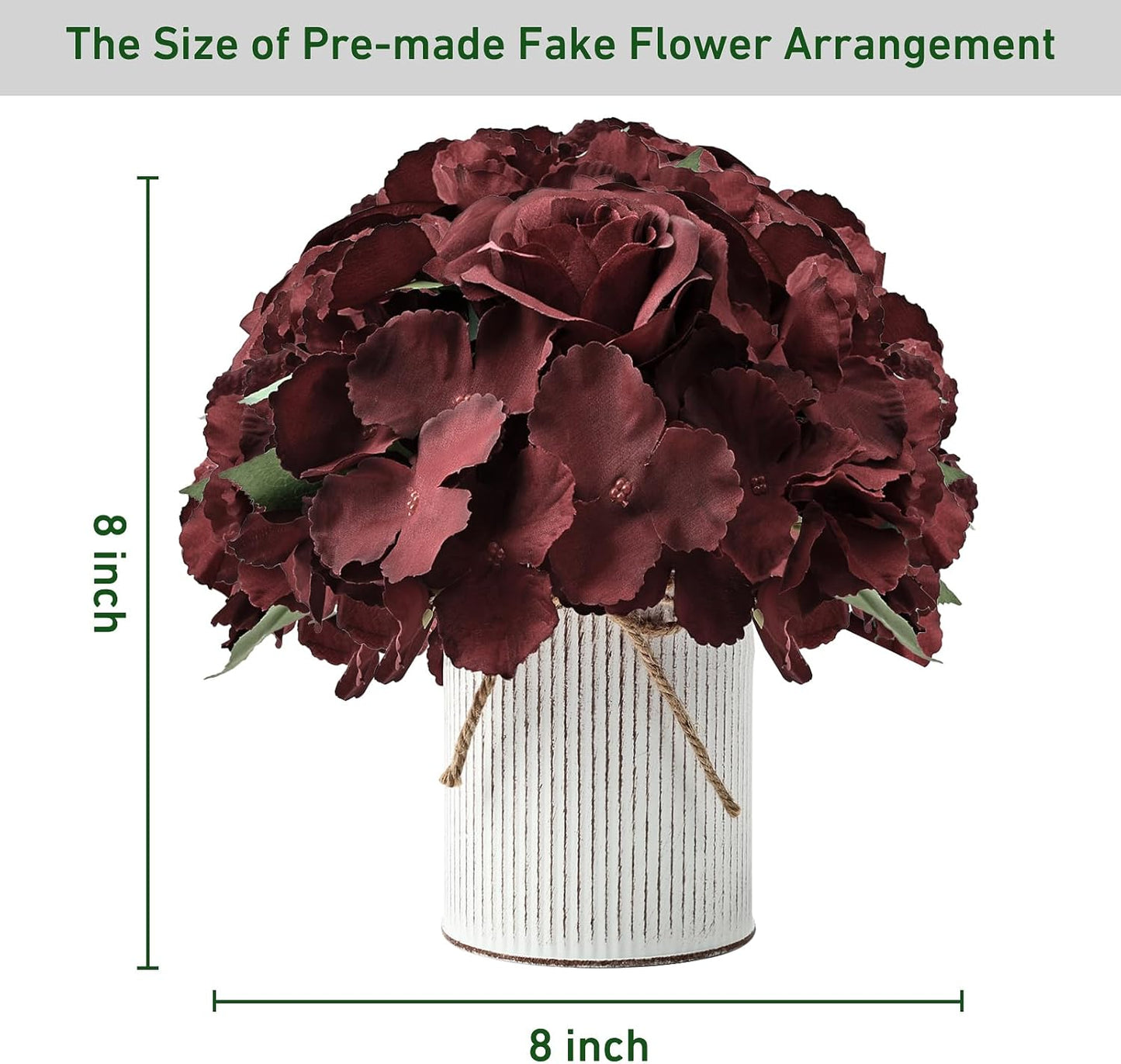 Flower Table Centerpieces - Set of 6 Floral Arrangement Artificial Wedding Hydrangeas Floral Arrangement with Rustic Metal Vase for Bridal Tea Party Event Decorations - Burgundy