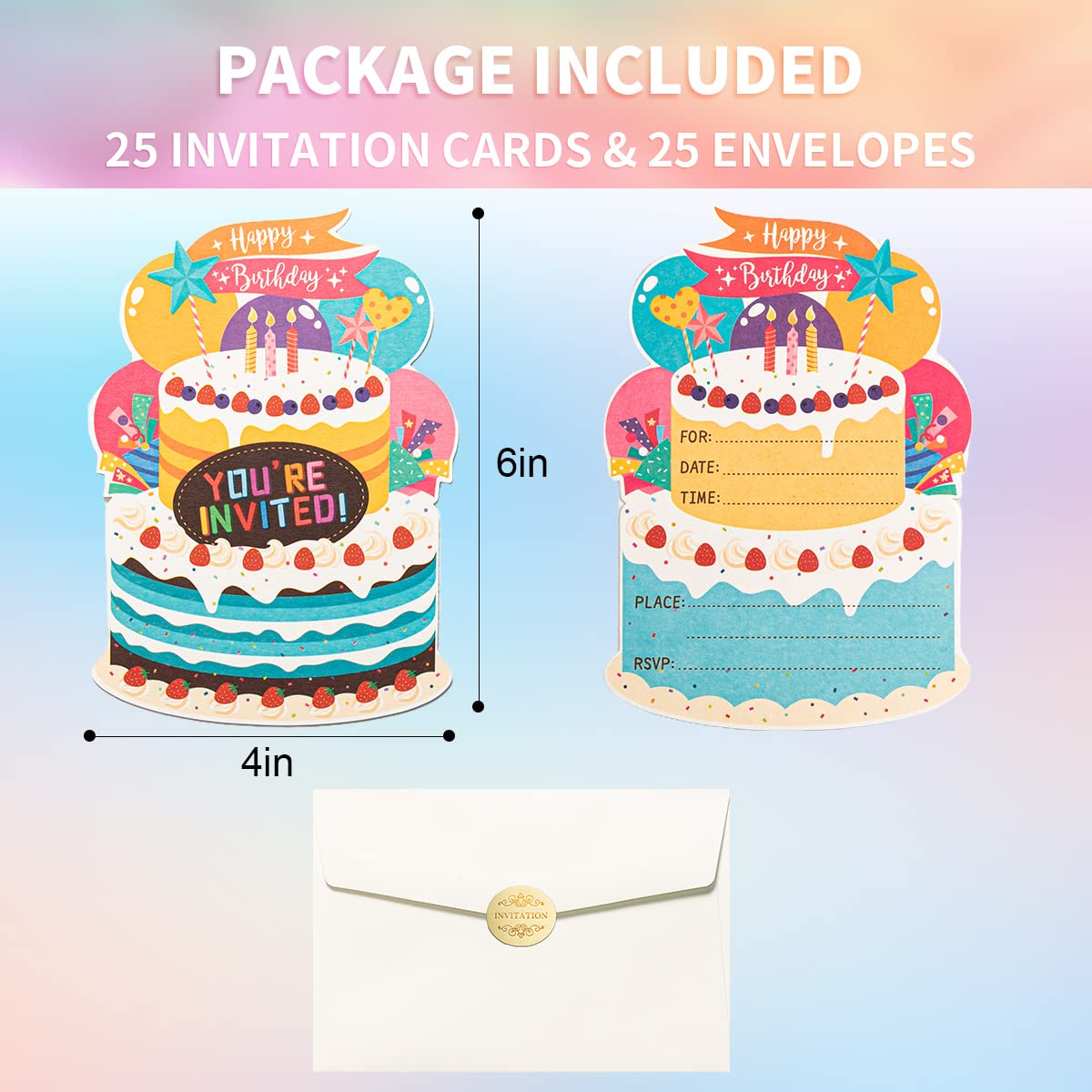 WISHGIFT 25Pcs/Set Birthday Party Cake Invitations with Envelopes, Kids Birthday Party Invitations