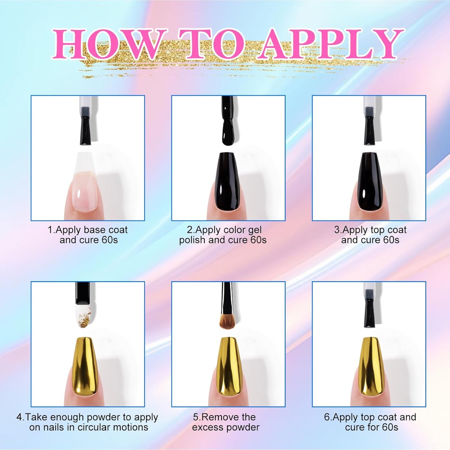 NXJ INFILILA Gold Silver Chrome Nail Powder, 4 Classic Colors Mirror Effect - Gold, Silver, Pink, Blue, Metallic Magnetic Glitter Polish Powder Pallete for Gel Nails, DIY Manicure Art Supplies Kit