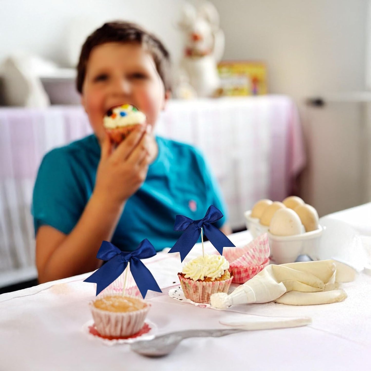 Gyufise 24Pcs Bow Cupcake Toppers Coquette Bow Girls Birthday Cake Decorations Bowknot Cake Toppers Bowknot Cupcake Picks for Baby Shower Birthday Wedding Bridal Engagement Party Supplies Dark Blue