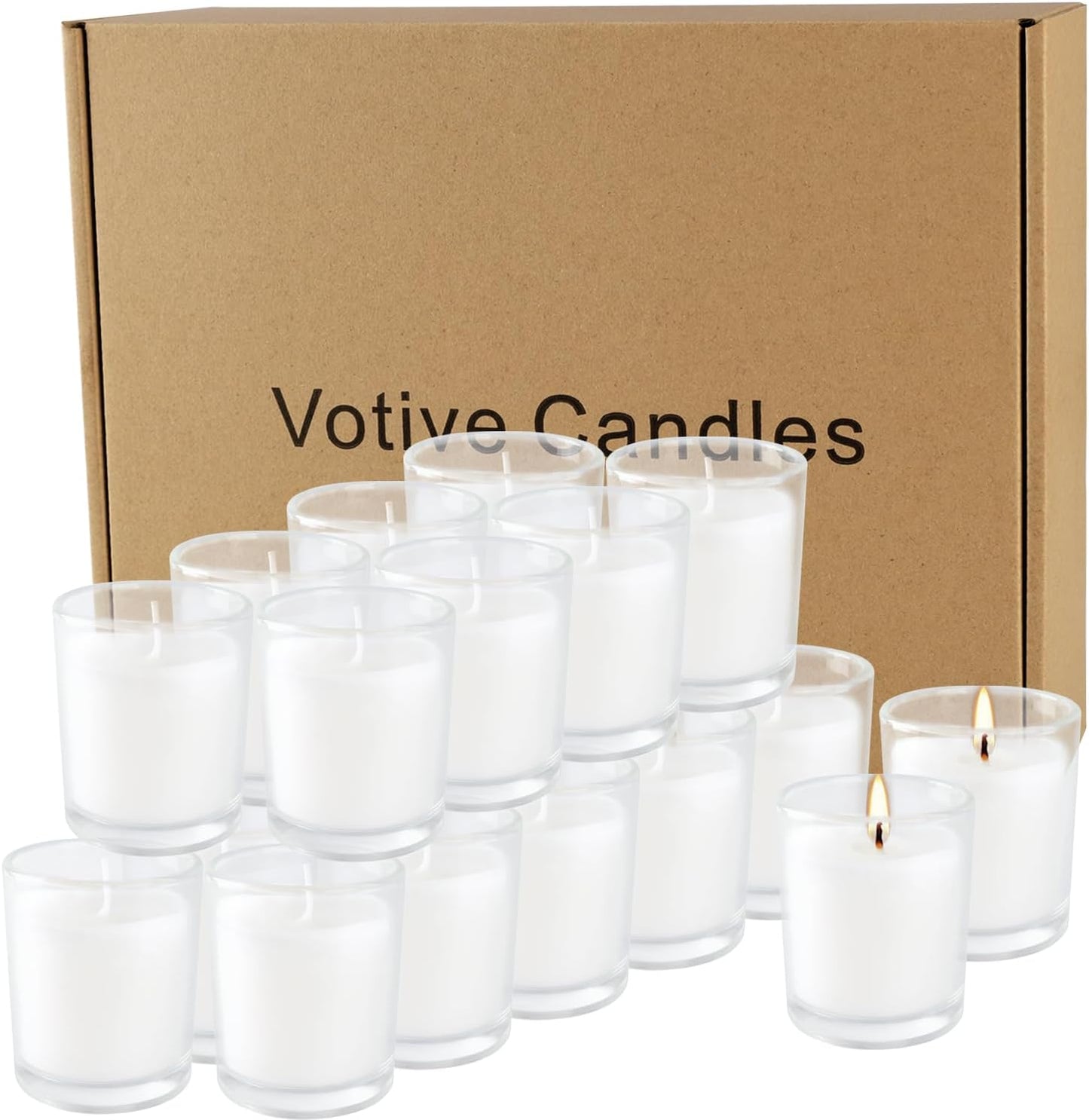 20 Pack White Unscented Glass Cup Candles - 15-20 Hour Burn Time, Soy Wax, Minimalist Style for Home Decor, Weddings, Parties & Special Occasions.
