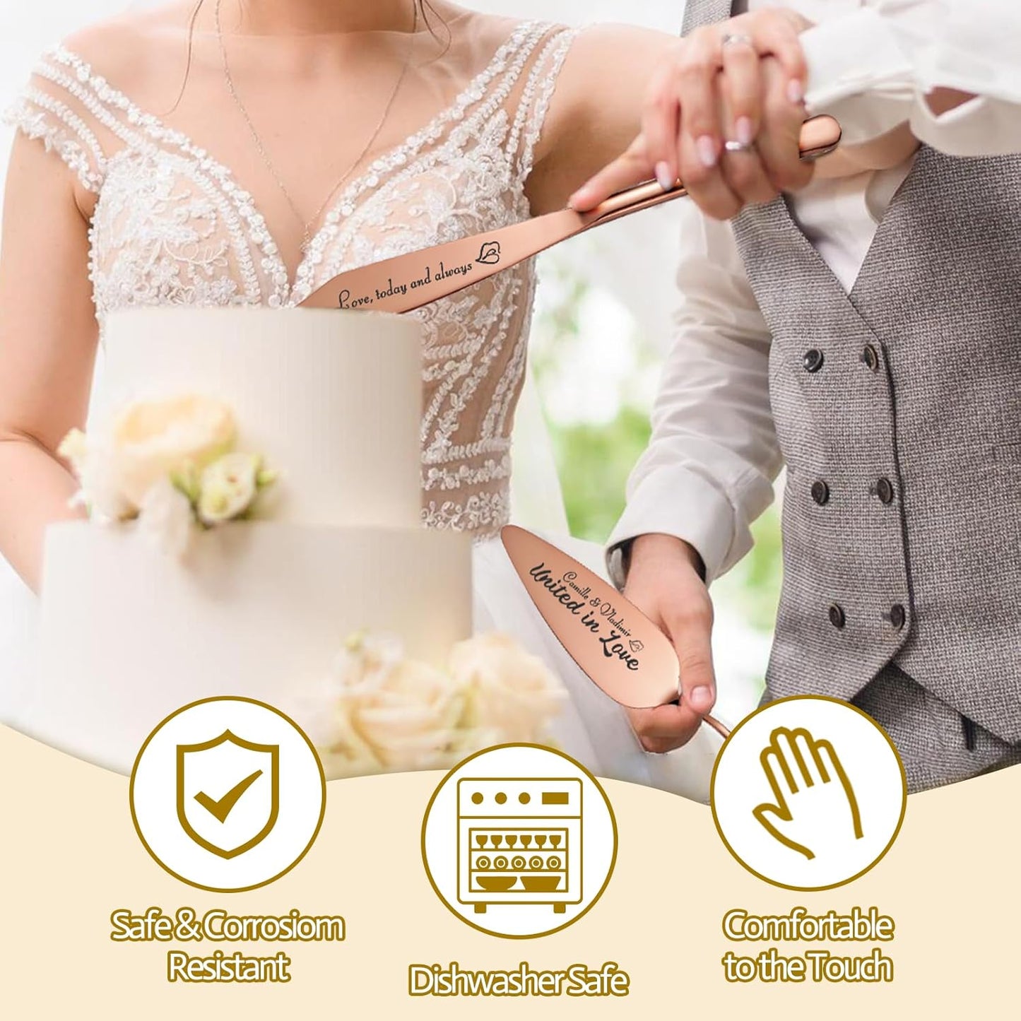 Personalized 4 Piece Wedding Cake Cutting Set, Custom Names Cake Knife and Server set with Forks, Anniversary Birthday Bridal Wedding Registry Gifts (Rose gold)