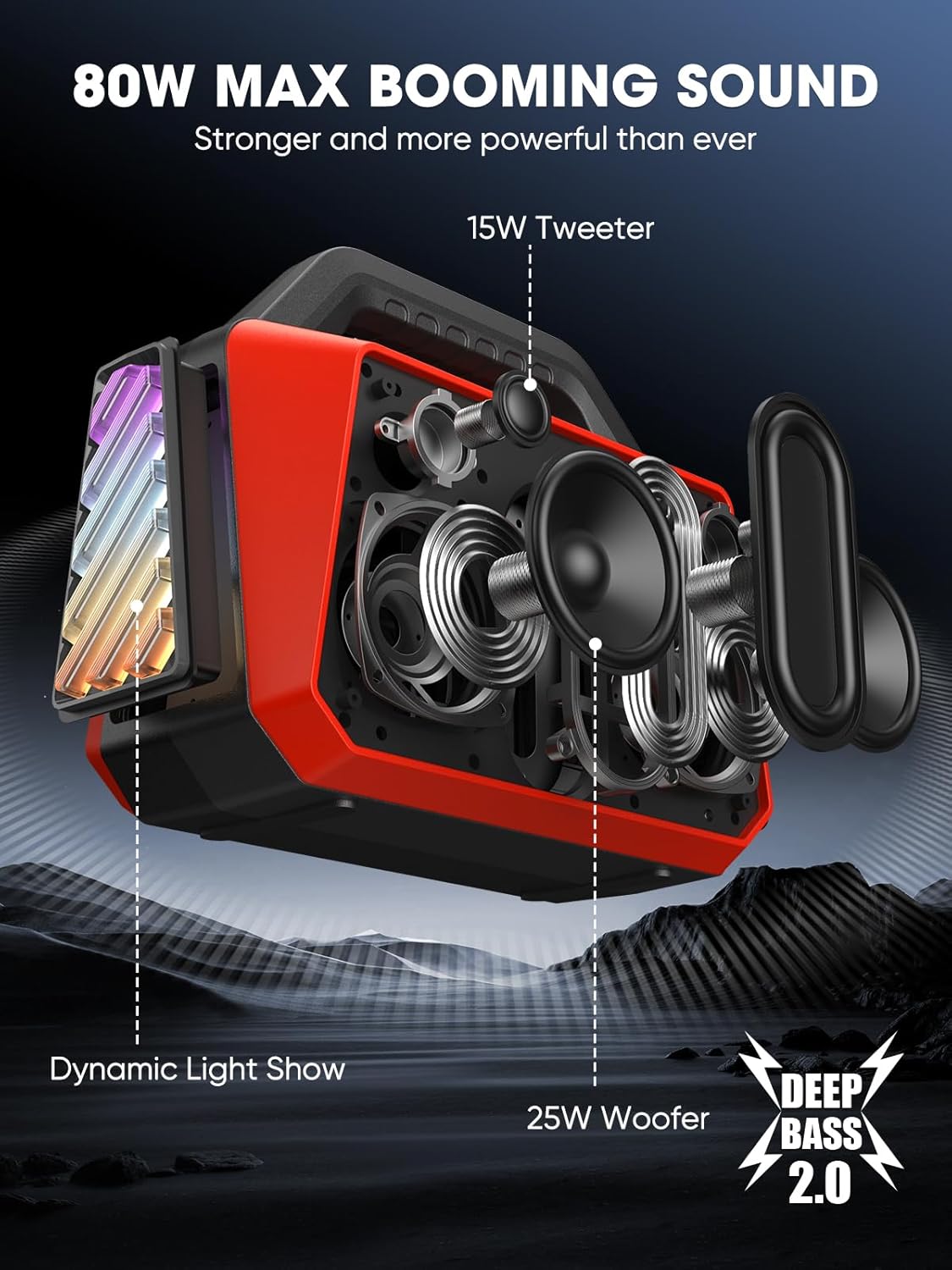 Portable Bluetooth Speakers - Wireless Speaker 80W Peak, Loud Speaker with Light, Strong Bass, BT 5.3, TWS, IPX6 Waterproof, 20H Playtime for Home Party Outdoor Beach Camping - Red