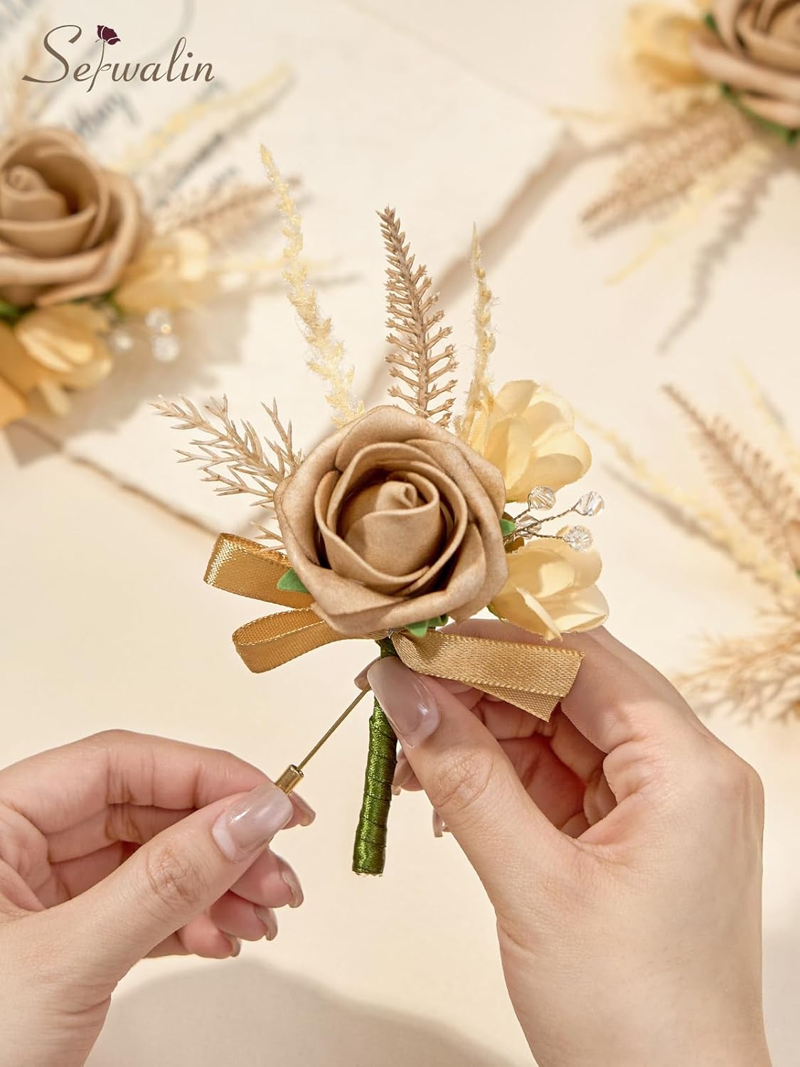 Serwalin 10Pcs Boutonniere for Men, Khaki Groom and Best Man Boutonniere, Artificial Flowers for Wedding Decor, Prom, Homecoming, Ceremony Anniversary, Formal Dinner Party