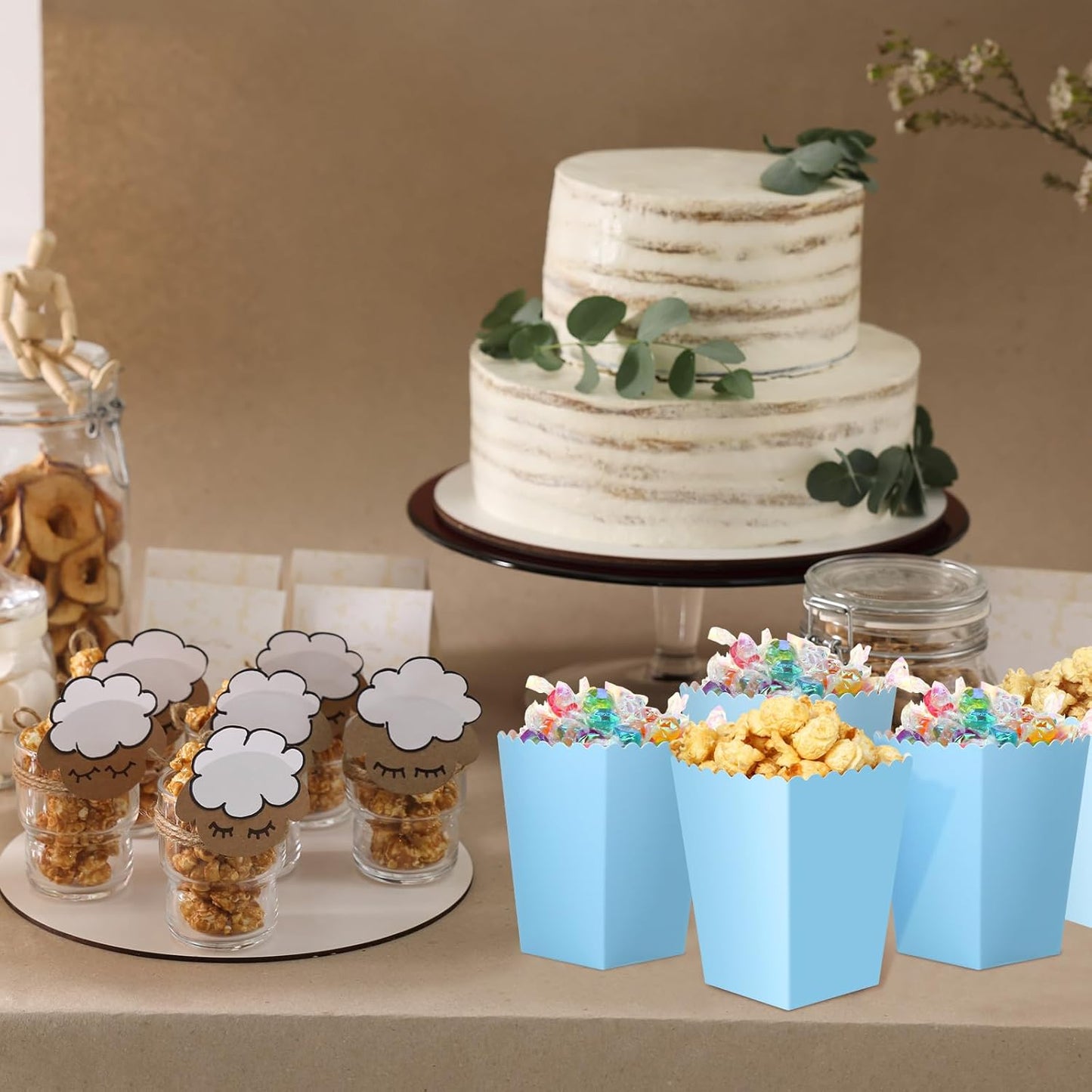 200 Pcs Popcorn Boxes Mini Paper Popcorn Box Cardboard Popcorn Container for Party Disposable Snack Candy Popcorn Bags Popcorn Holder for Birthday Wedding, 2.2 x 4.2 x 3 In (Blue,Simple)