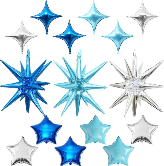 Blue Silver Star Balloons, 22in Large Star Balloons Foil 10in 4-Pointed & Pentagram Balloon for Graduation Baby Shower Space Themed Birthday Party Decorations
