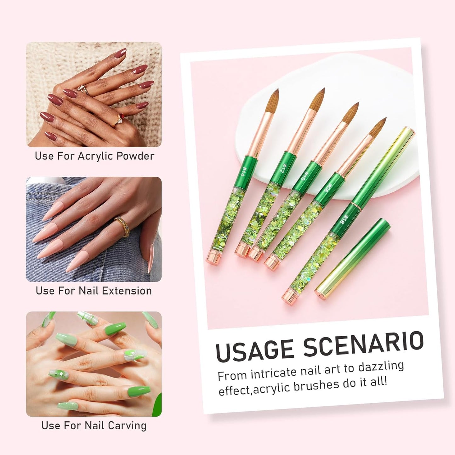 Acrylic Nail Brush Size #10, KEMEISI 100% Pure Kolinsky Nail Art Brushes Sturdy Handle Oval Shaped Acrylic Powder Nail Design Tools for Professional Manicure DIY Home Salon (Green)