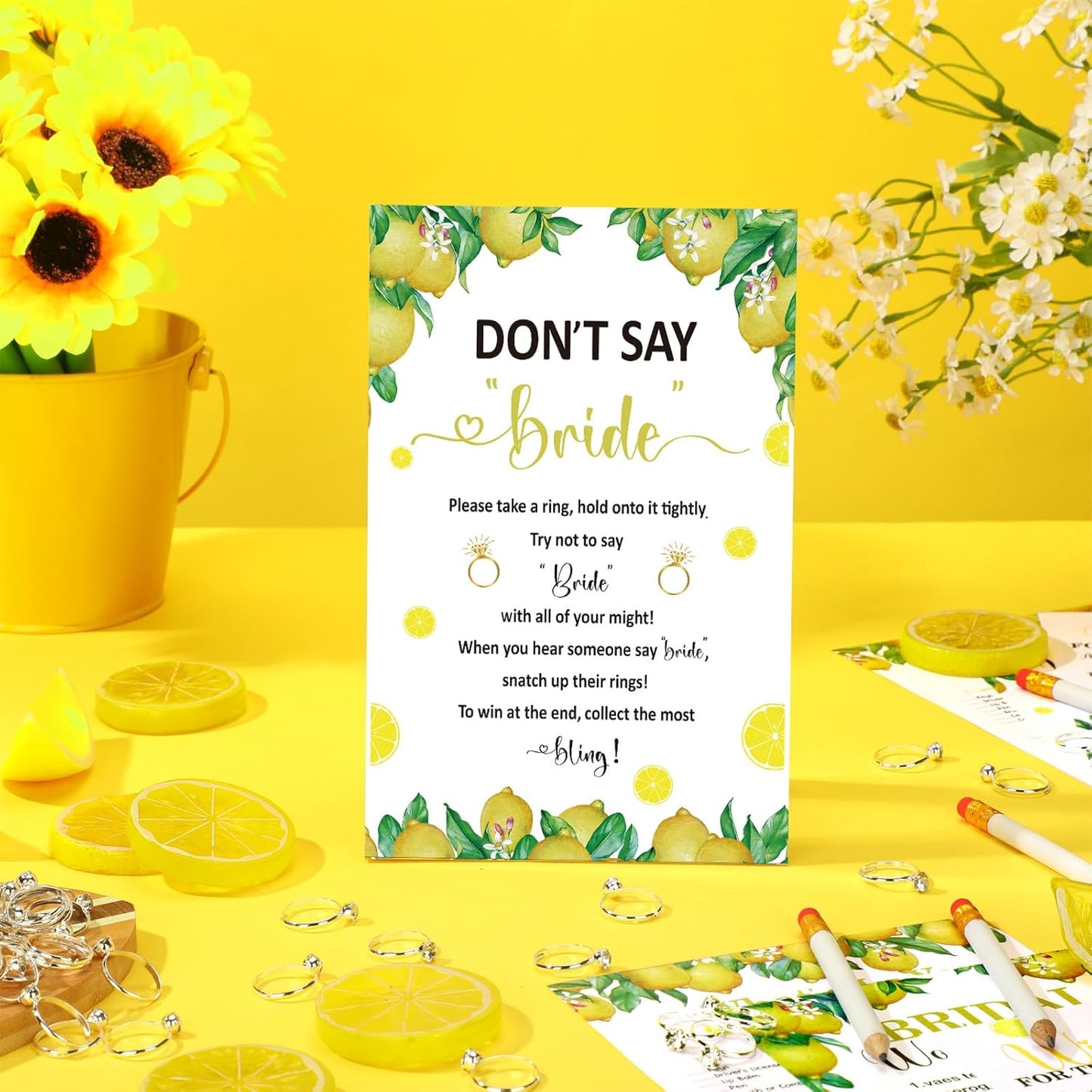 Estune 331 Pcs Bridal Shower Games Supplies, 5 Sets 250 Pcs Wedding Cards 1 Put a Ring on It Bridal Shower Games with 60 Rings and 20 Pencils(Lemon Style)