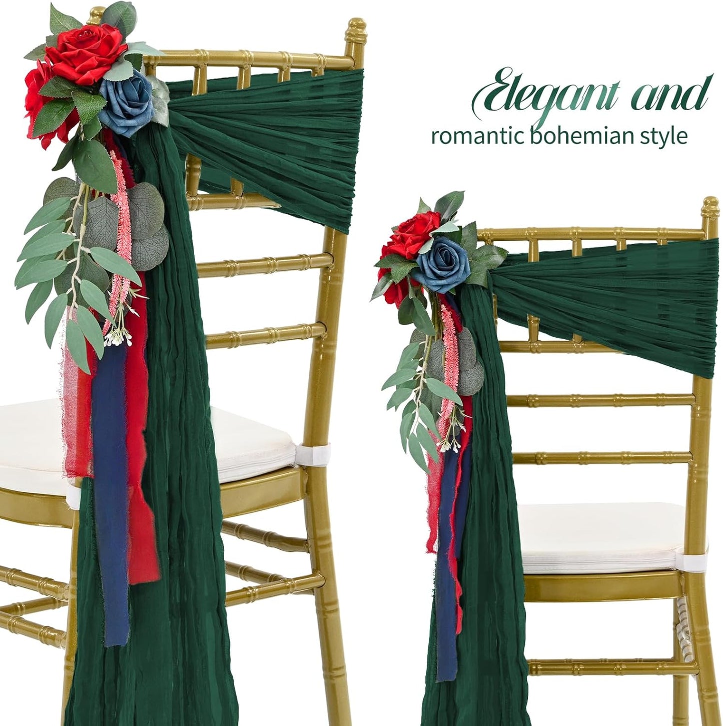 50 PCS Cheesecloth Chair Sashes Bows Wedding Aisle Decorations Chair Ribbon Ties Back Sash for Wedding Party Events Banquet Chair Cover Decoration (Emerald Green)