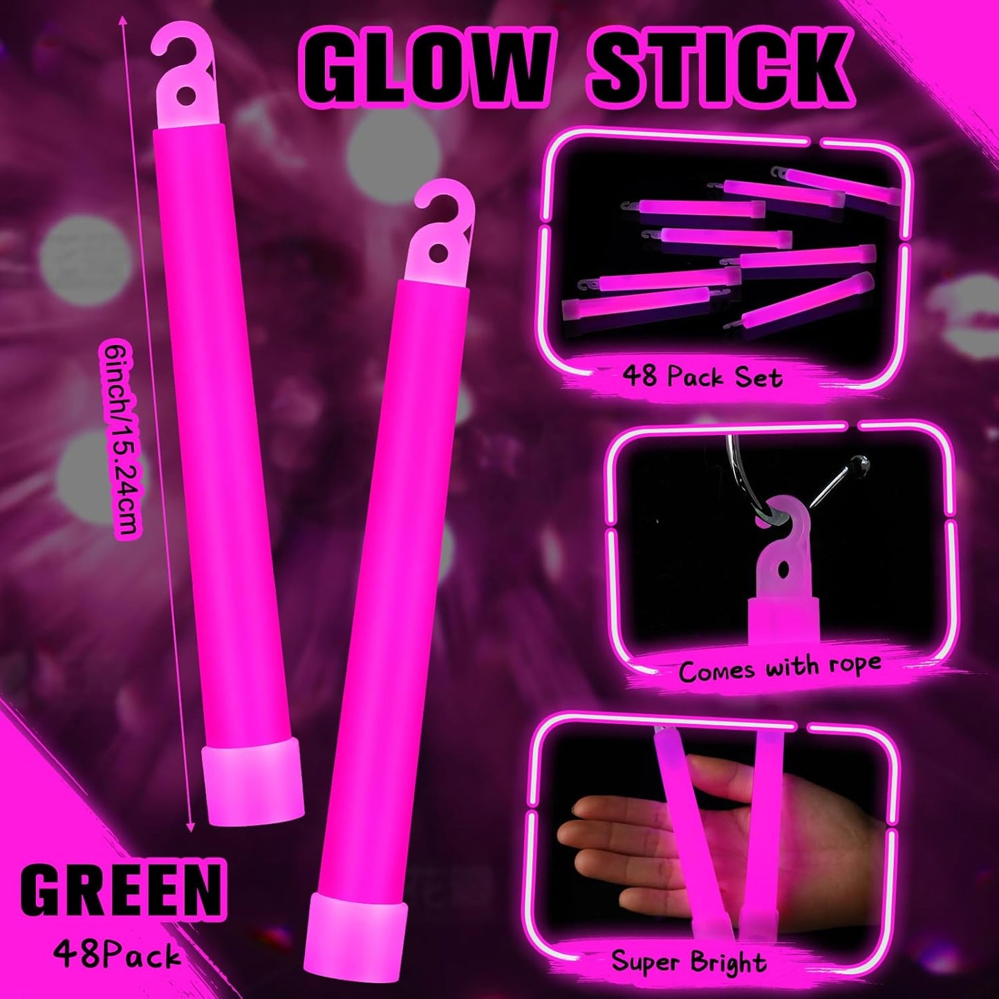Sotiff 48 Pcs Bright 6 Inch Large Glow Sticks Bulk Emergency Glow in The Dark Sticks with 12 Hour Duration for Camping Hiking Outdoor Parties Activities Survival Storms Blackouts (Rose Pink)