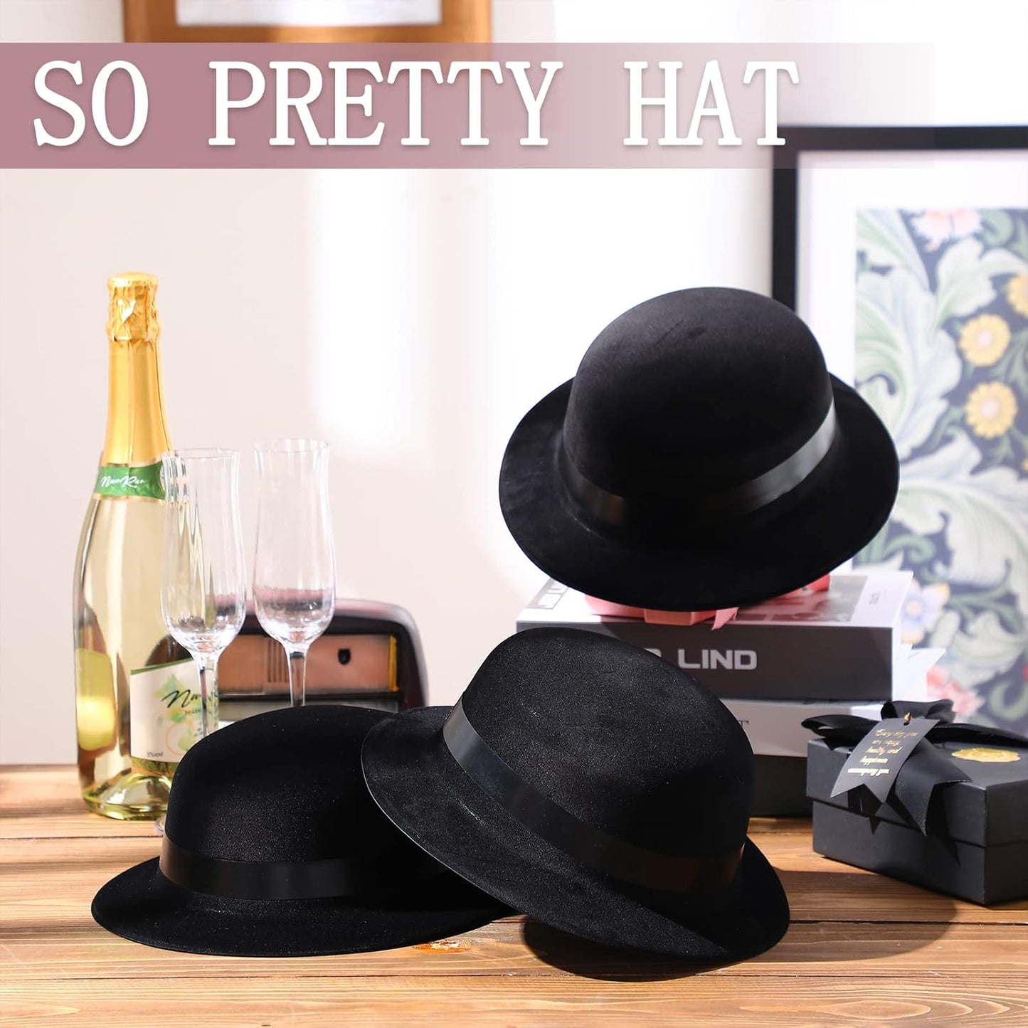 Jiuguva 12 Pieces Black Bowler Derby Hats Bulk 1920s Party Supplies, Plastic Bowler Cap, 1920s Party Dress Derby Cap for Adults Unisex Costume Party Hats for Halloween, Masquerades Party