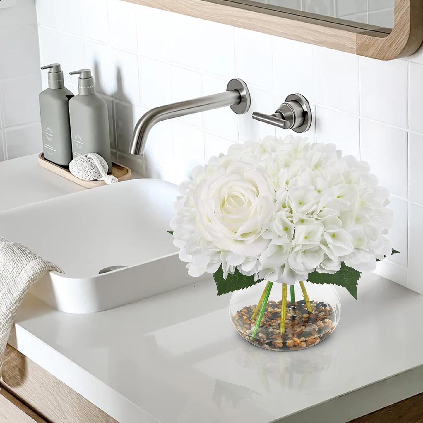 N&T NIETING Artificial Hydrangea Flowers with Vase White Fake Flowers with Rose Faux Hydrangea Flowers with Faux Water Real Stone for Home Office Table Room Wedding Centerpiece Decorations