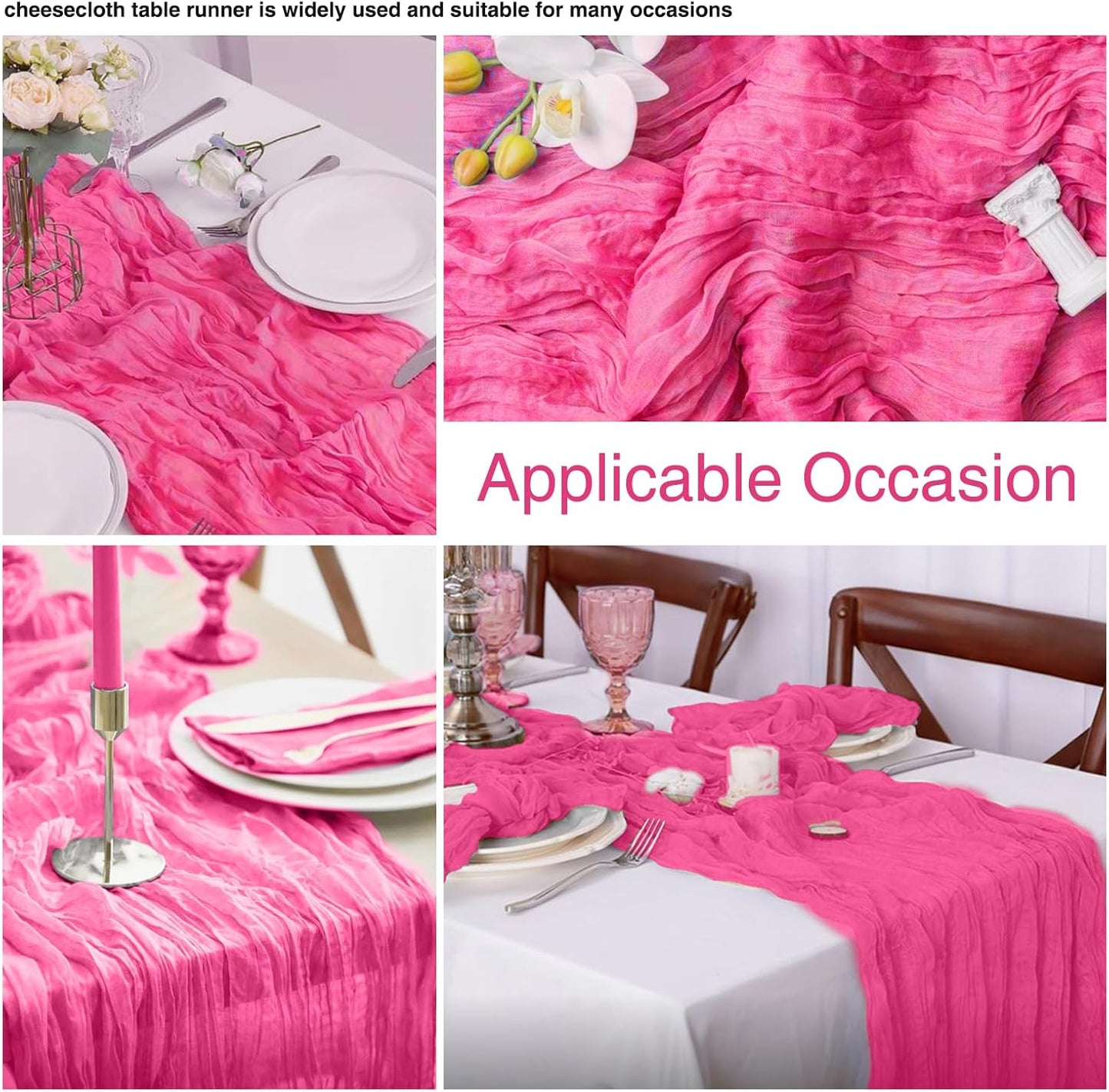 6 Pack Hot Pink 10Ft Cheesecloth Table Runner 20x120 Inch Boho Wrinkled Sheer Romantic Gauze Decor for Wedding, Bridal Shower, Birthday Party