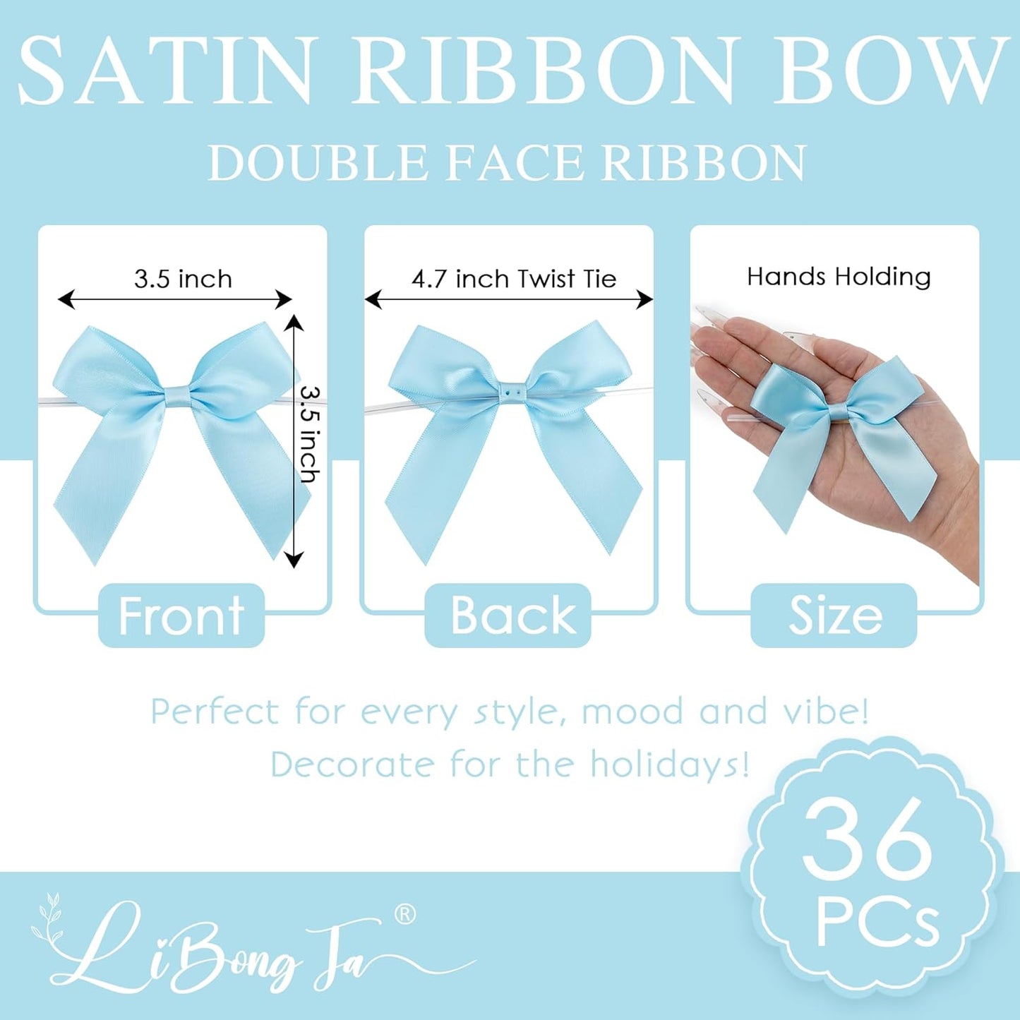 3.5" Blue Bow Satin Pre-Tied Bows for Gift Wrapping, Small Bows for Crafts, Premade Bows, Candy Apple Bows, Twist Tie Bows for Cake Decorating, Party Favor, Wedding Decoration-36 Counts