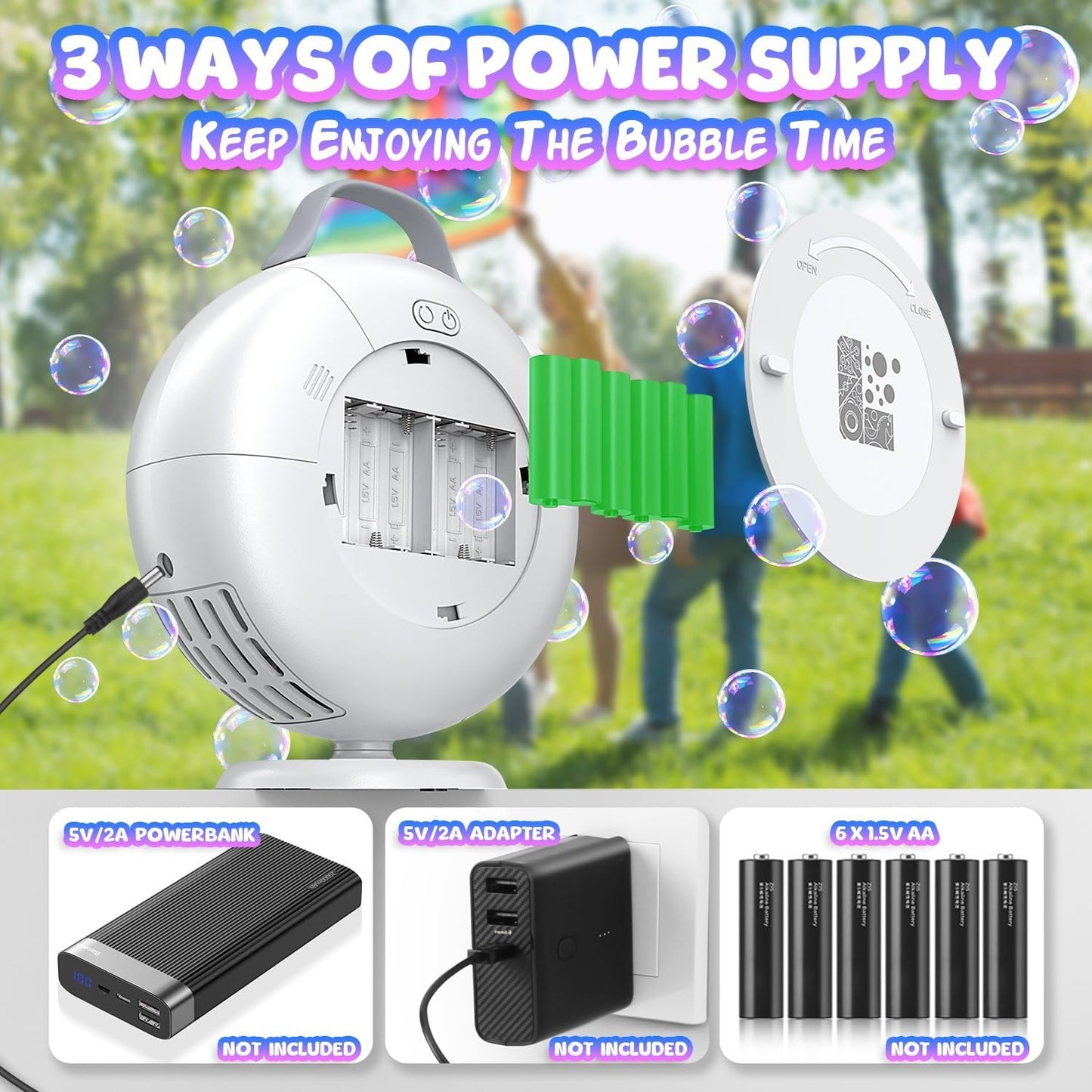 Bubble Machine, Automatic Bubble Blower for Kids Toddlers, 8000+ Bubbles Per Minute, 90° 200° Oscillating Electric Plug-in or Batteries Bubble Maker Toys for Outdoor Birthday Party - White