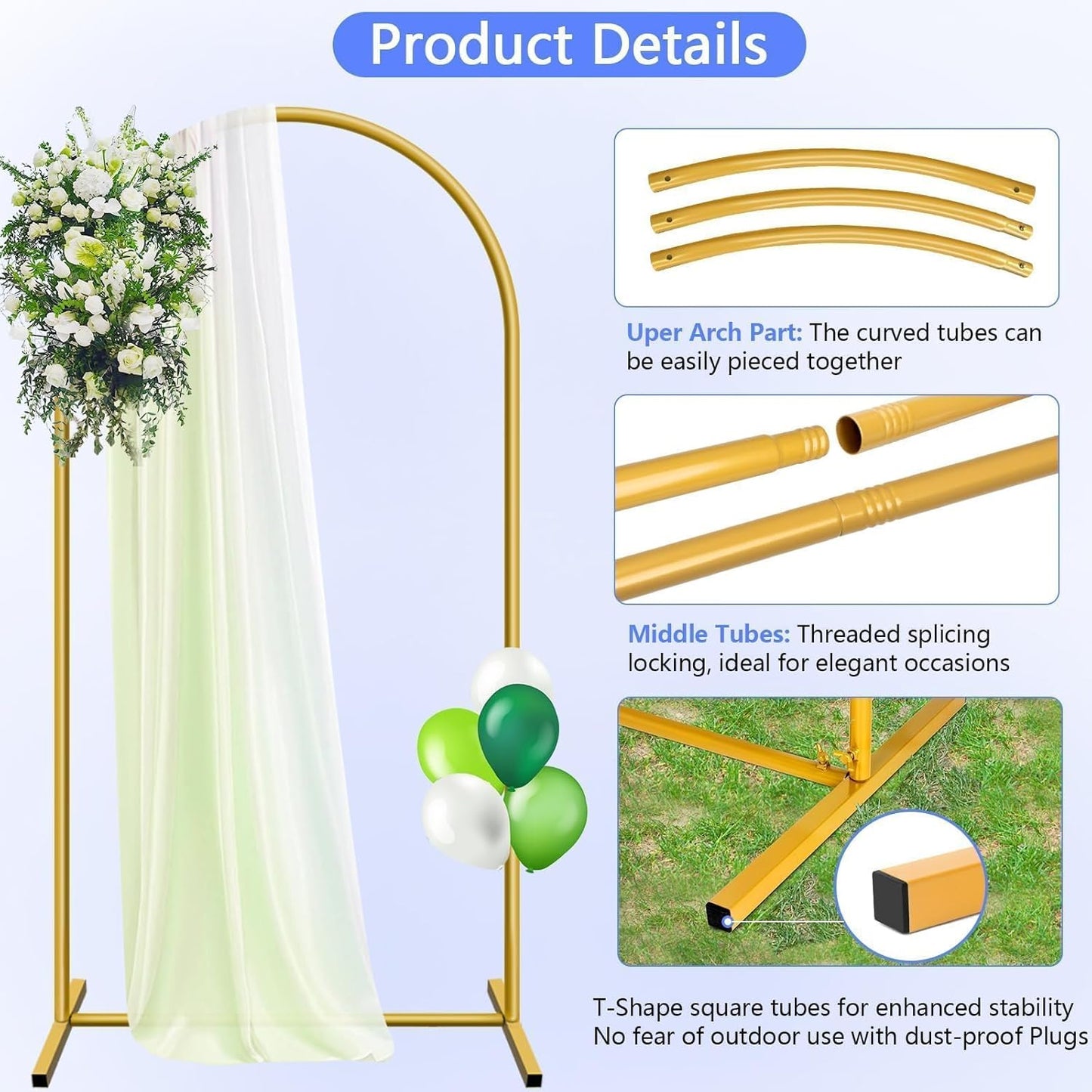 6 ft Arch Backdrop Stand, Wedding Arch Frame, Stable Metal Background Stand with Square Base Ground Nails, for Birthday Party Baby Shower Garland Decoration, Gold