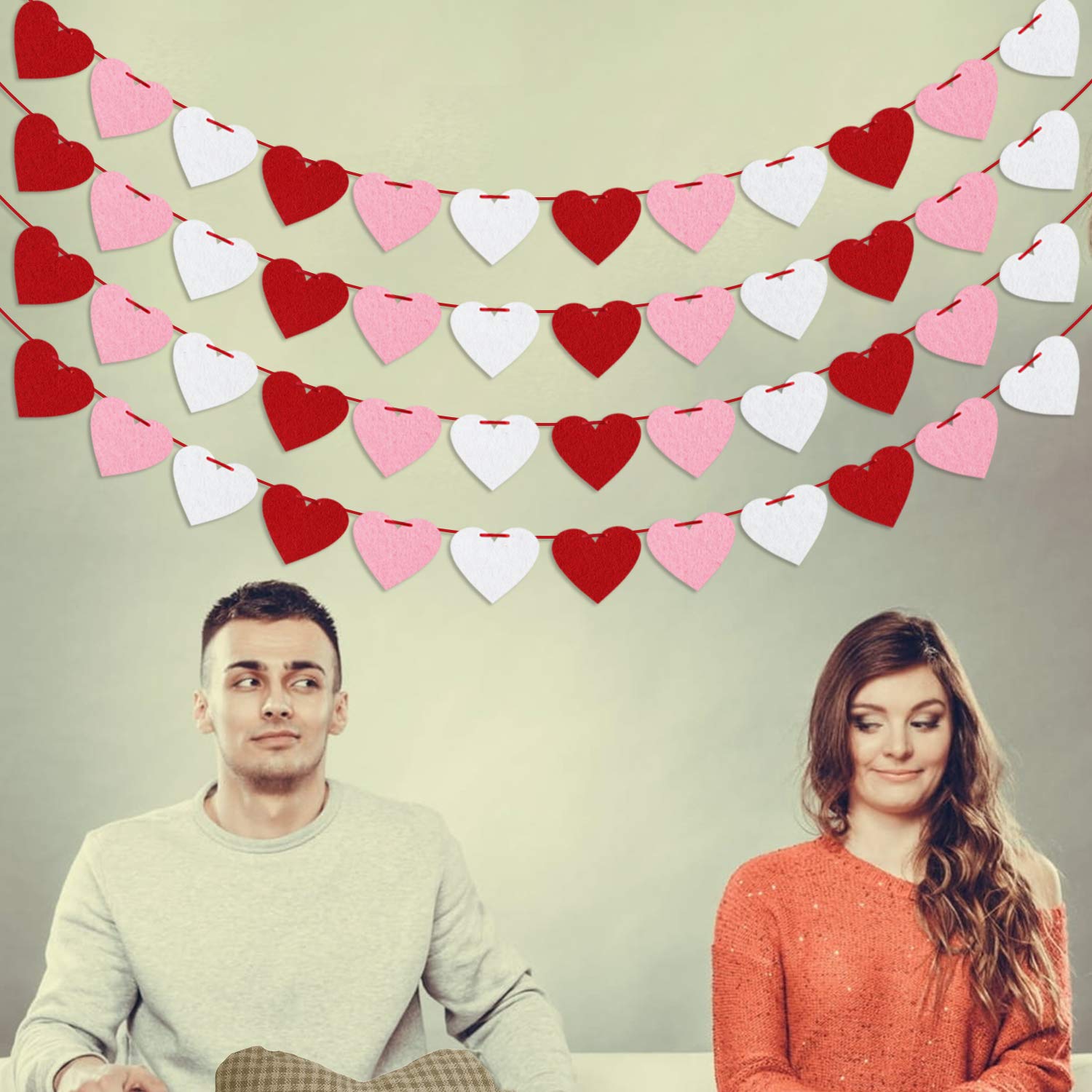 Felt Heart Garland Banner, Pre-Strung | Valentines Decorations | Red Pink White Valentines Banner |