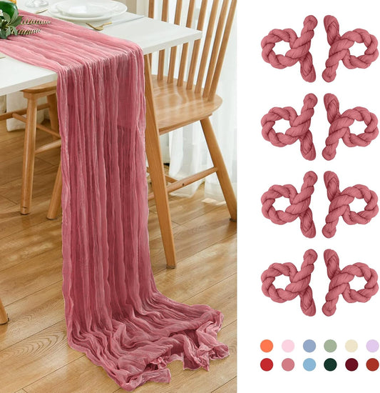 8 Pack 10Ft Table Runner 35x120 inch Dusty Rose Boho Gauze Table Cheese Cloth Long Wrinkled Sheer Table Runner for Wedding Bridal Shower Birthday Party Table Decor