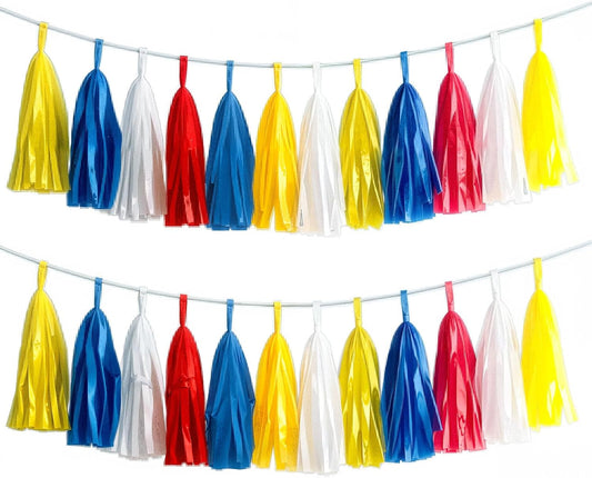 Tissue Paper Tassel Garland Banner, 20 Pack, Red Blue Yellow White, Party Decorations for Birthday, Baby Shower