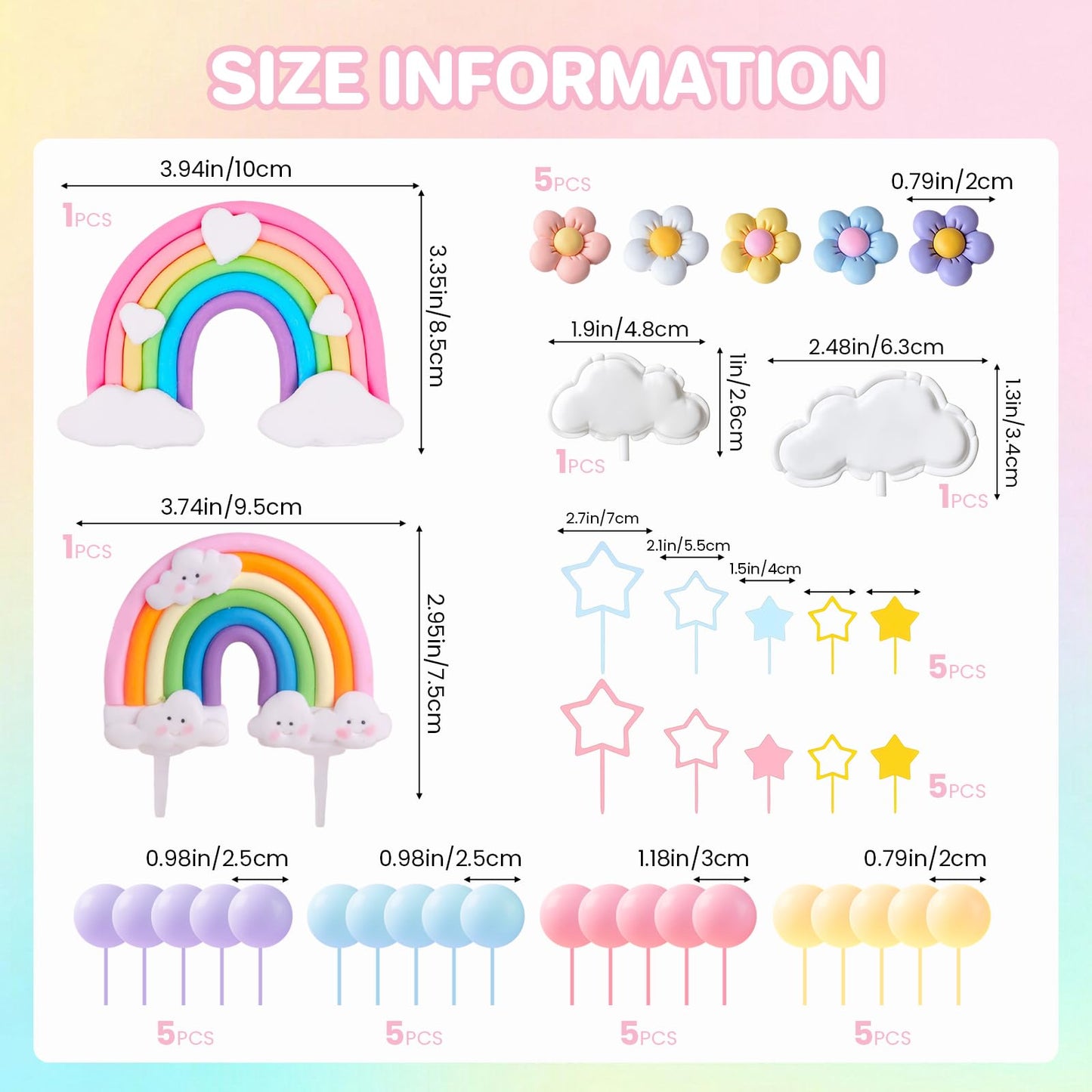 39 Pcs Rainbow Cake Topper with Pastel Balls and Daisy Flowers